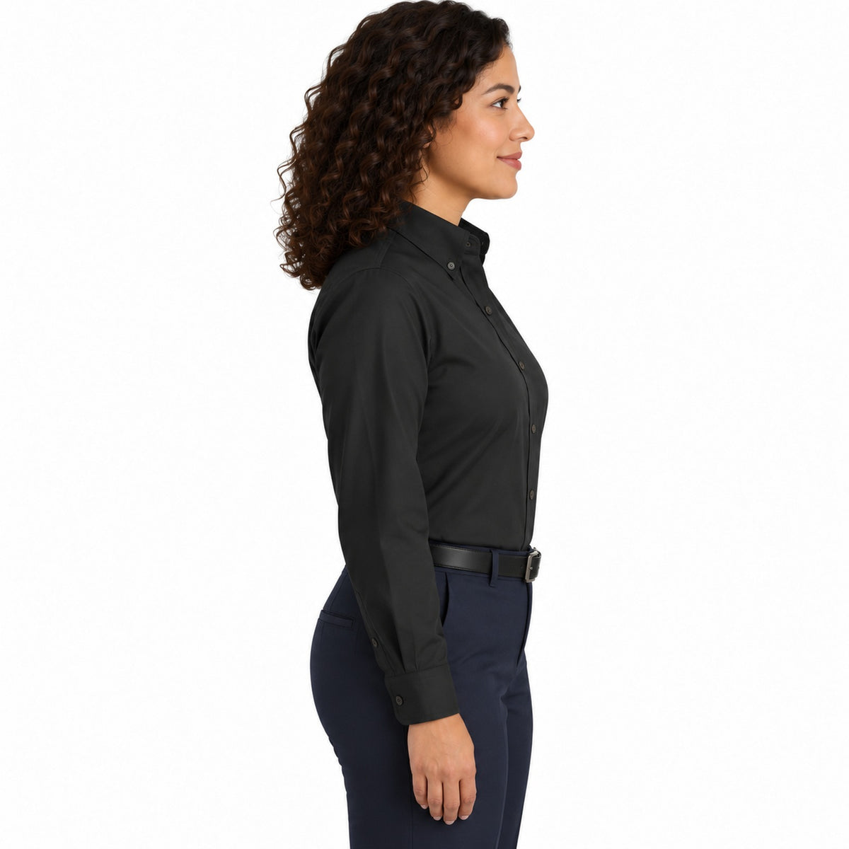 Blusa Red Kap SP91 manga larga mujer color negra, vista perfil derecho fajada | color:negra