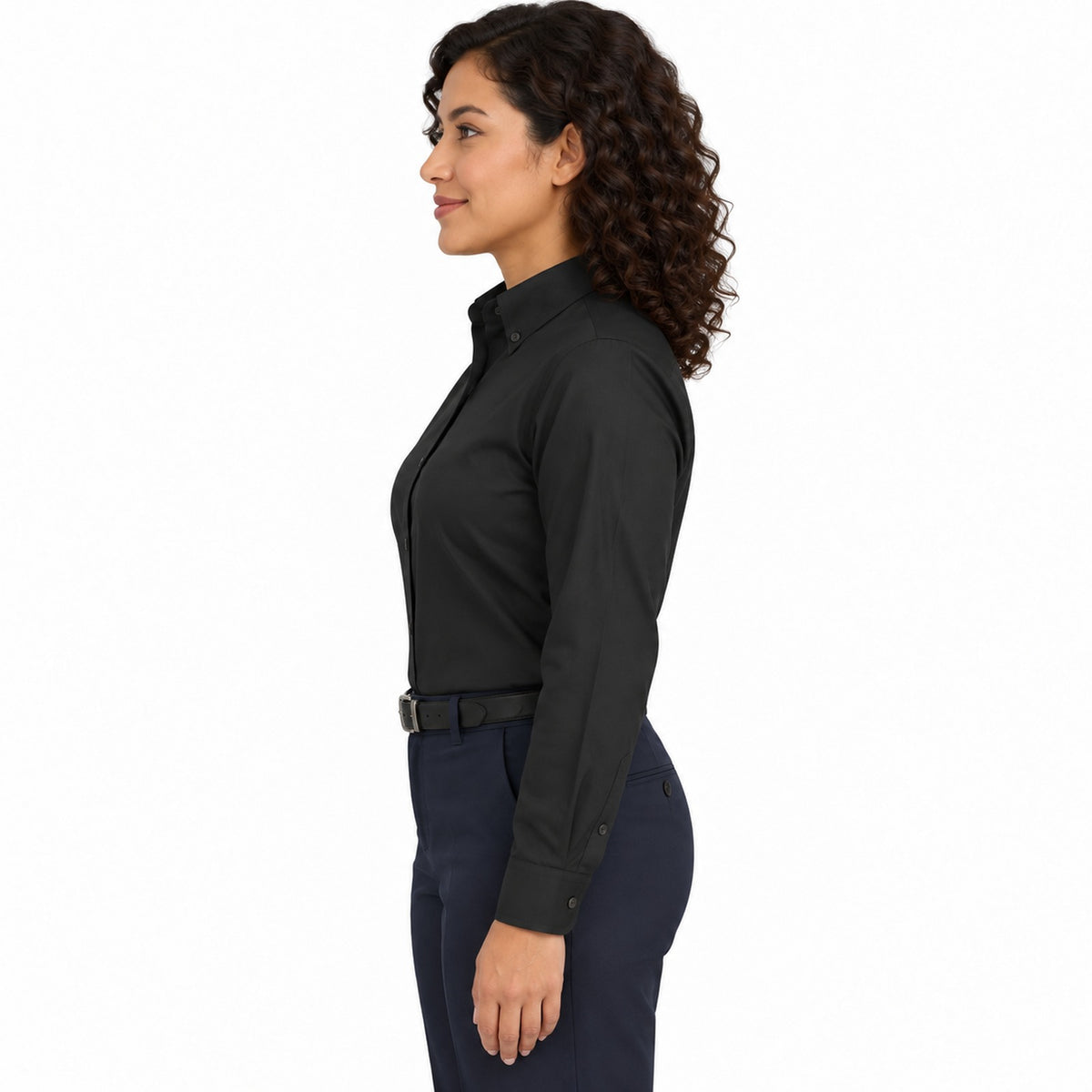 Blusa Red Kap SP91 manga larga mujer color negra, vista perfil izquierdo fajada | color:negra