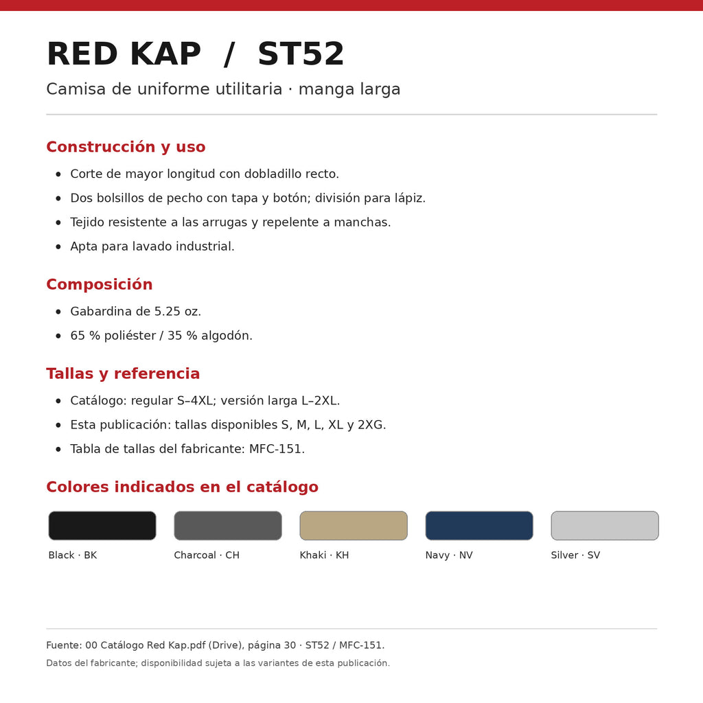Ficha técnica de camisa utilitaria Red Kap ST52 para hombre: gabardina de 5.25 oz, 65 % poliéster y 35 % algodón