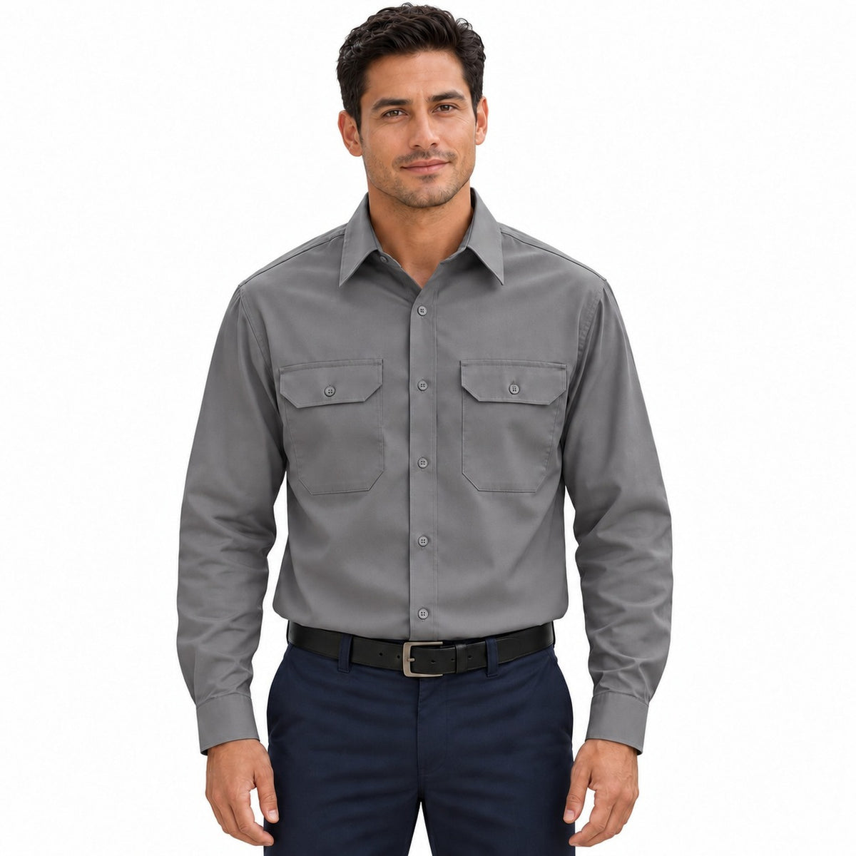 Camisa de trabajo Red Kap ST52 para hombre Gris oxford, frontal fajada | color:gris-oxford