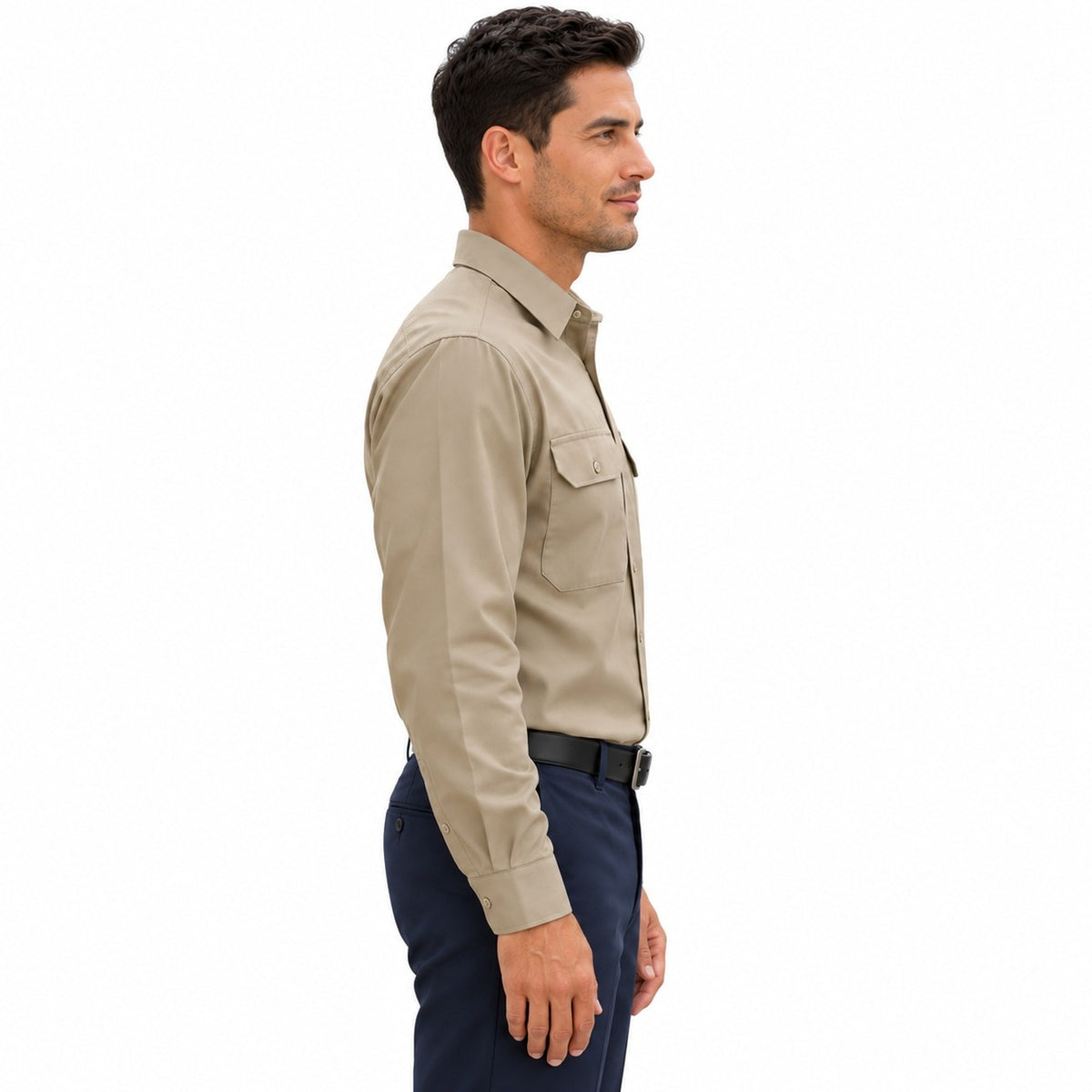 Camisa de trabajo Red Kap ST52 para hombre Khaki, perfil derecho fajada | color:khaki