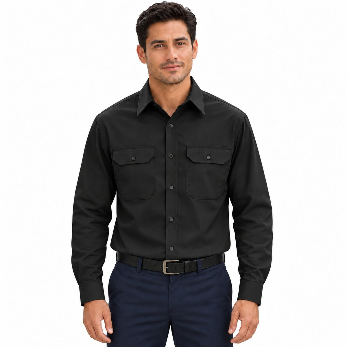 Camisa de trabajo Red Kap ST52 para hombre Negra, frontal fajada | color:negra