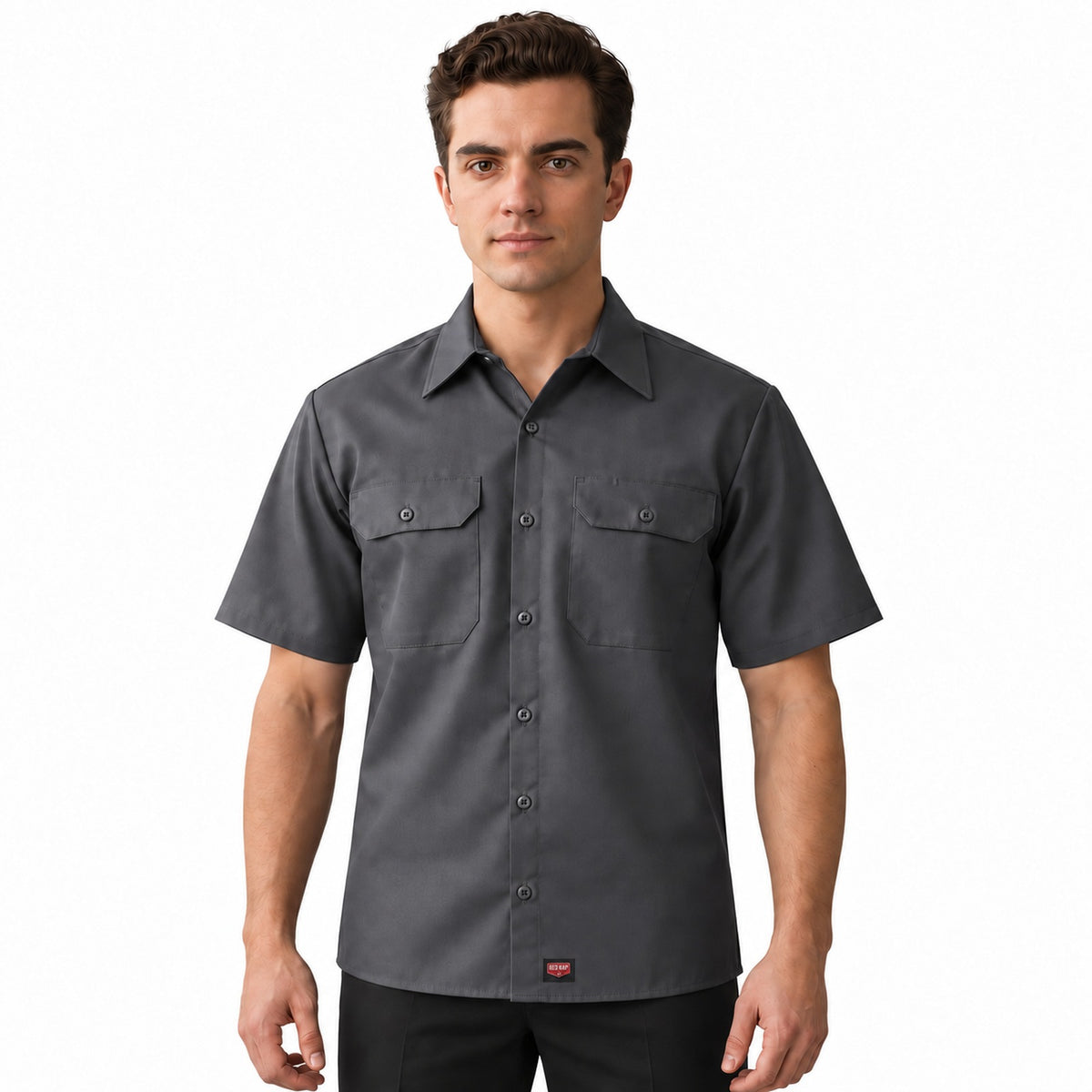 Camisa de trabajo Red Kap ST62 para hombre Gris oxford, frontal desfajada | color:gris-oxford