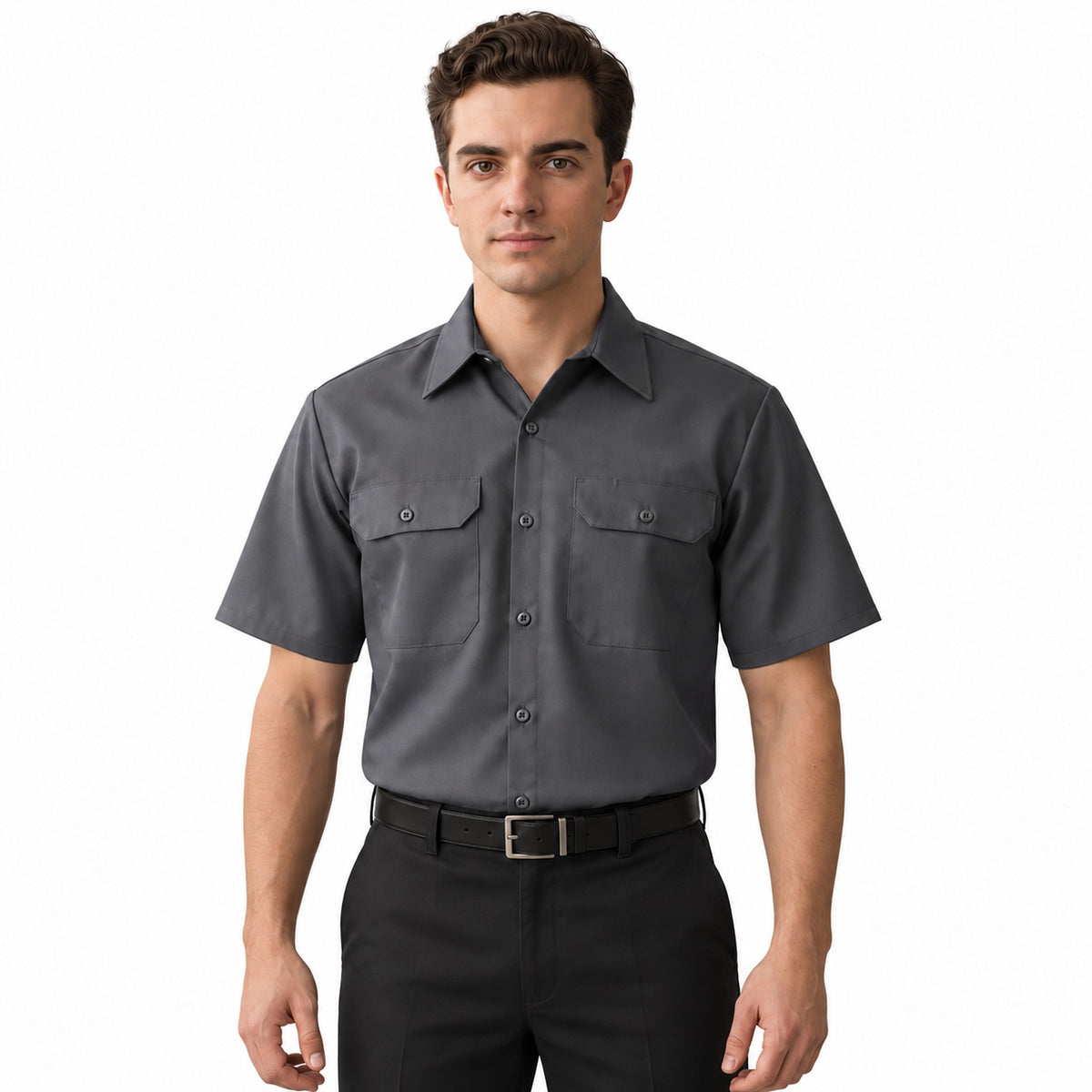 Camisa de trabajo Red Kap ST62 para hombre Gris oxford, frontal fajada | color:gris-oxford