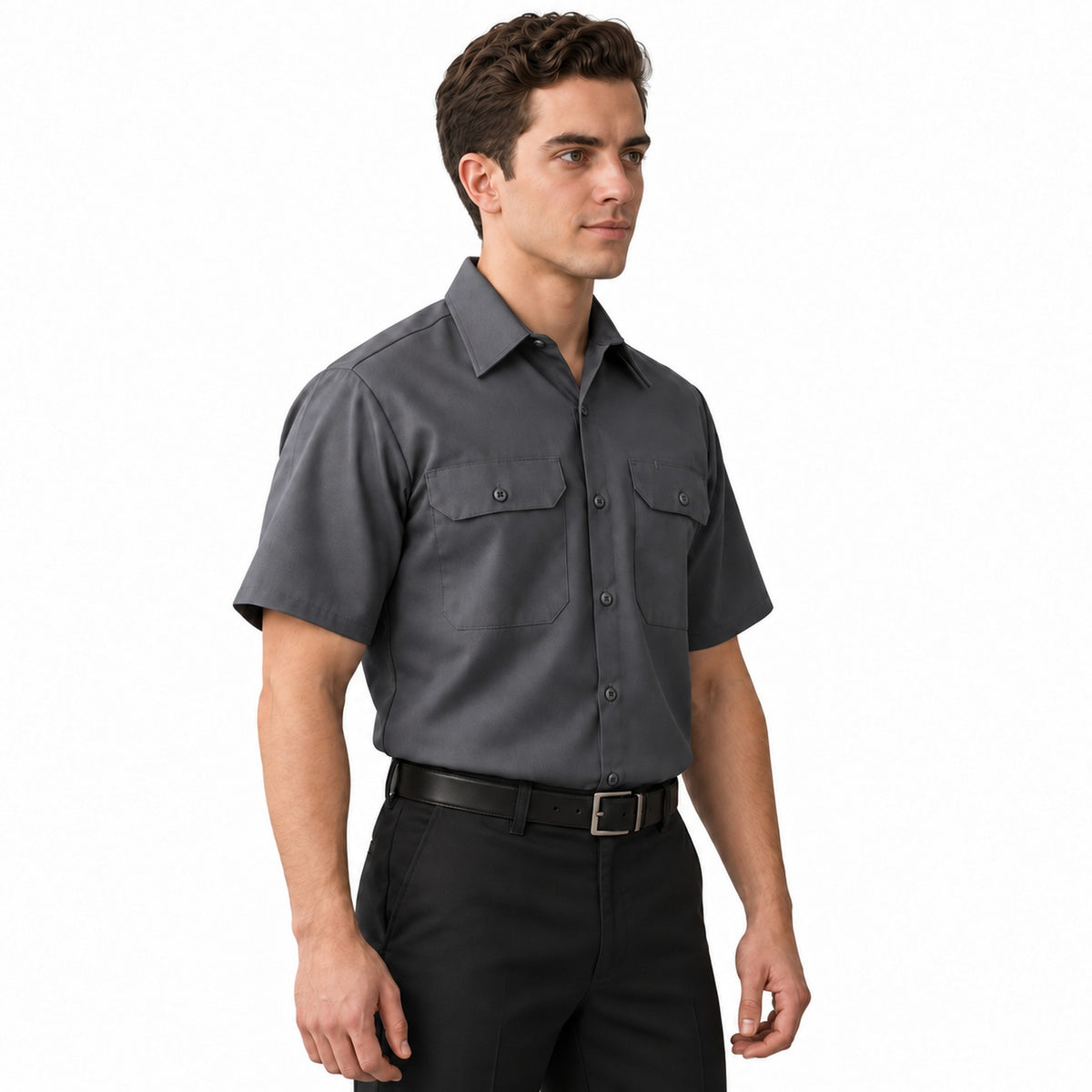 Camisa de trabajo Red Kap ST62 para hombre Gris oxford, perfil derecho fajada | color:gris-oxford