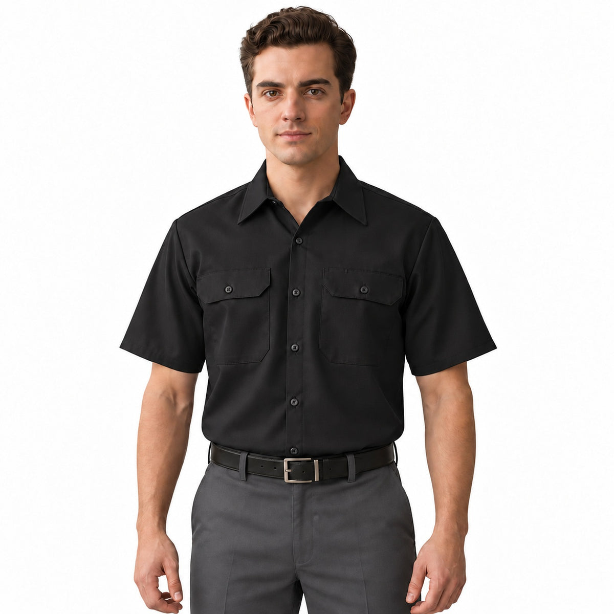 Camisa de trabajo Red Kap ST62 para hombre Negra, frontal fajada | color:negra