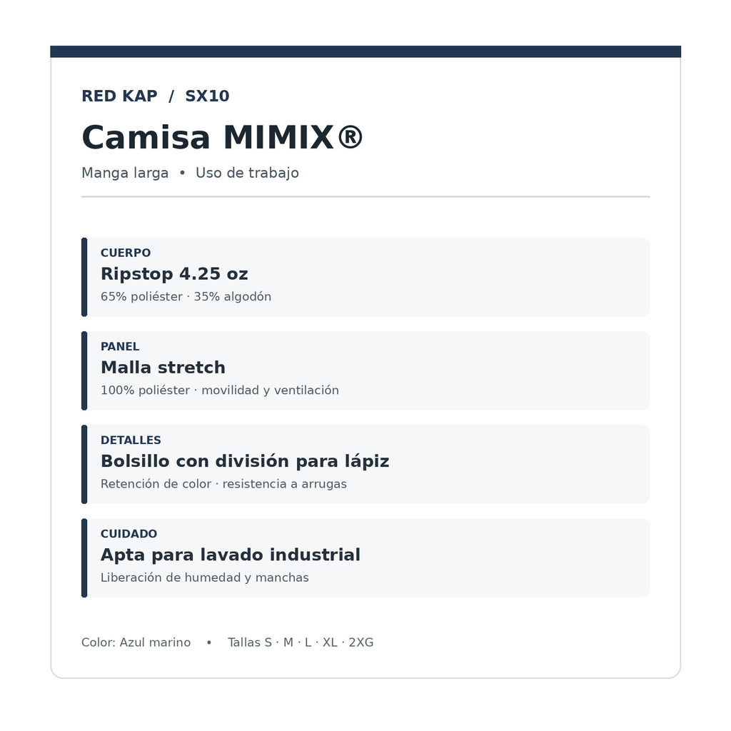 Red Kap SX10 camisa de trabajo MIMIX hombre Azul marino, ficha tecnica