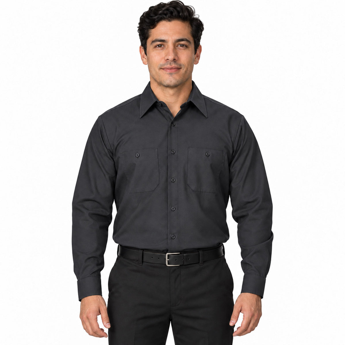 Red Kap SX10 camisa de trabajo MIMIX hombre Negra, frontal fajada | color:negra