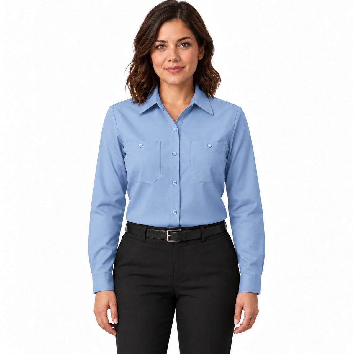 Blusa de trabajo Red Kap SX11 para mujer azul claro, frontal fajada | color:azul-claro