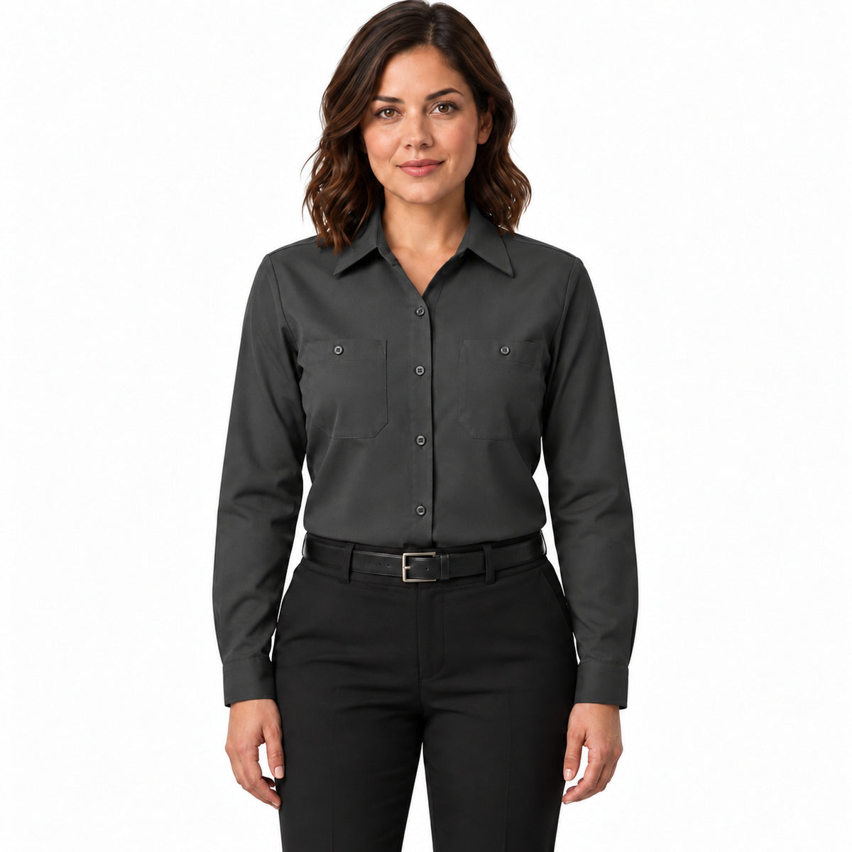 Blusa de trabajo Red Kap SX11 para mujer gris Oxford, frontal fajada | color:gris-oxford