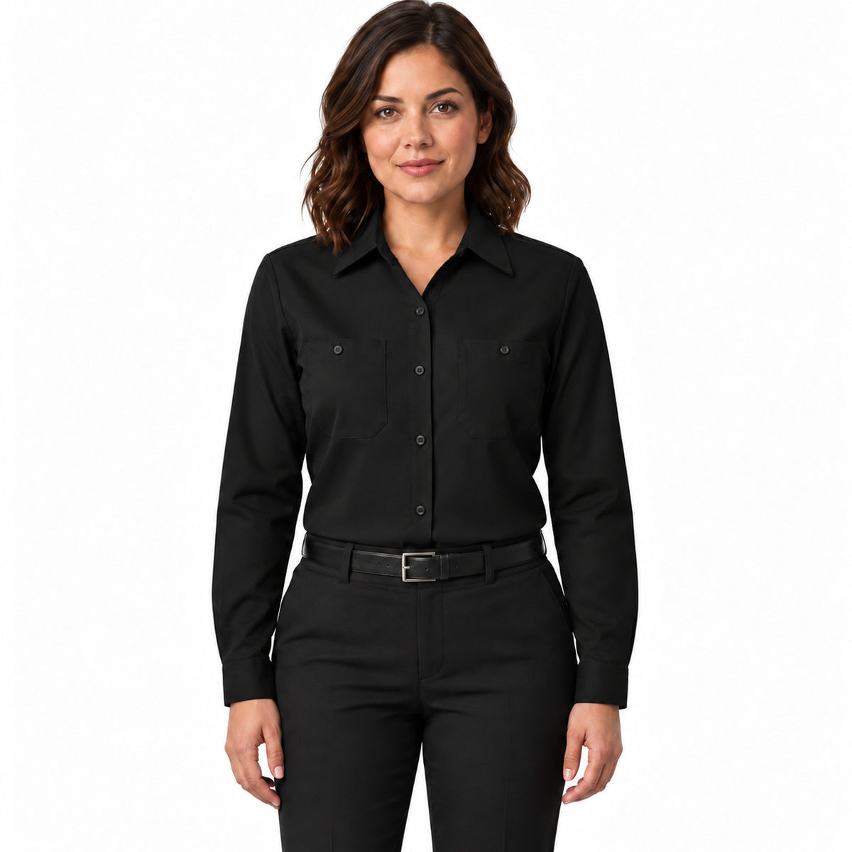 Blusa de trabajo Red Kap SX11 para mujer negra, frontal fajada | color:negra