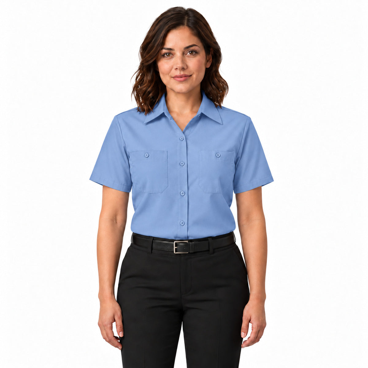 Blusa de trabajo Red Kap SX21 para mujer Azul claro, de frente fajada | color:azul-claro