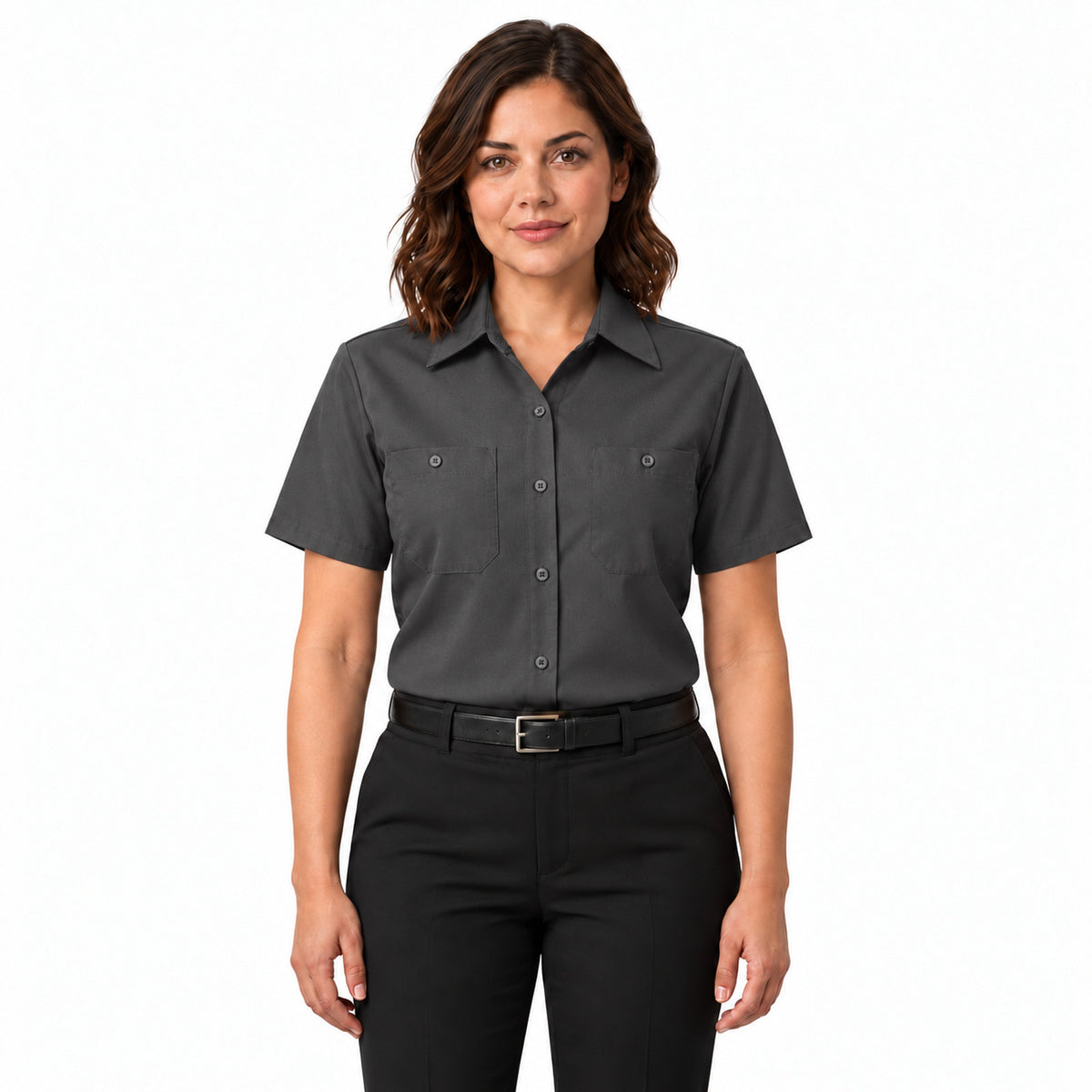 Blusa de trabajo Red Kap SX21 para mujer Gris Oxford, de frente fajada | color:gris-oxford