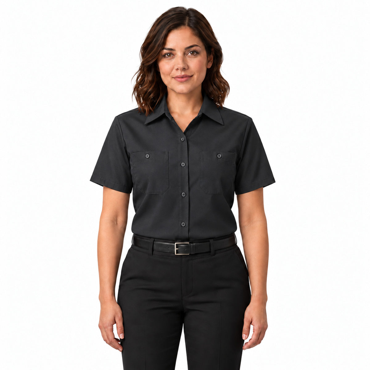 Blusa de trabajo Red Kap SX21 para mujer Negra, de frente fajada | color:negra
