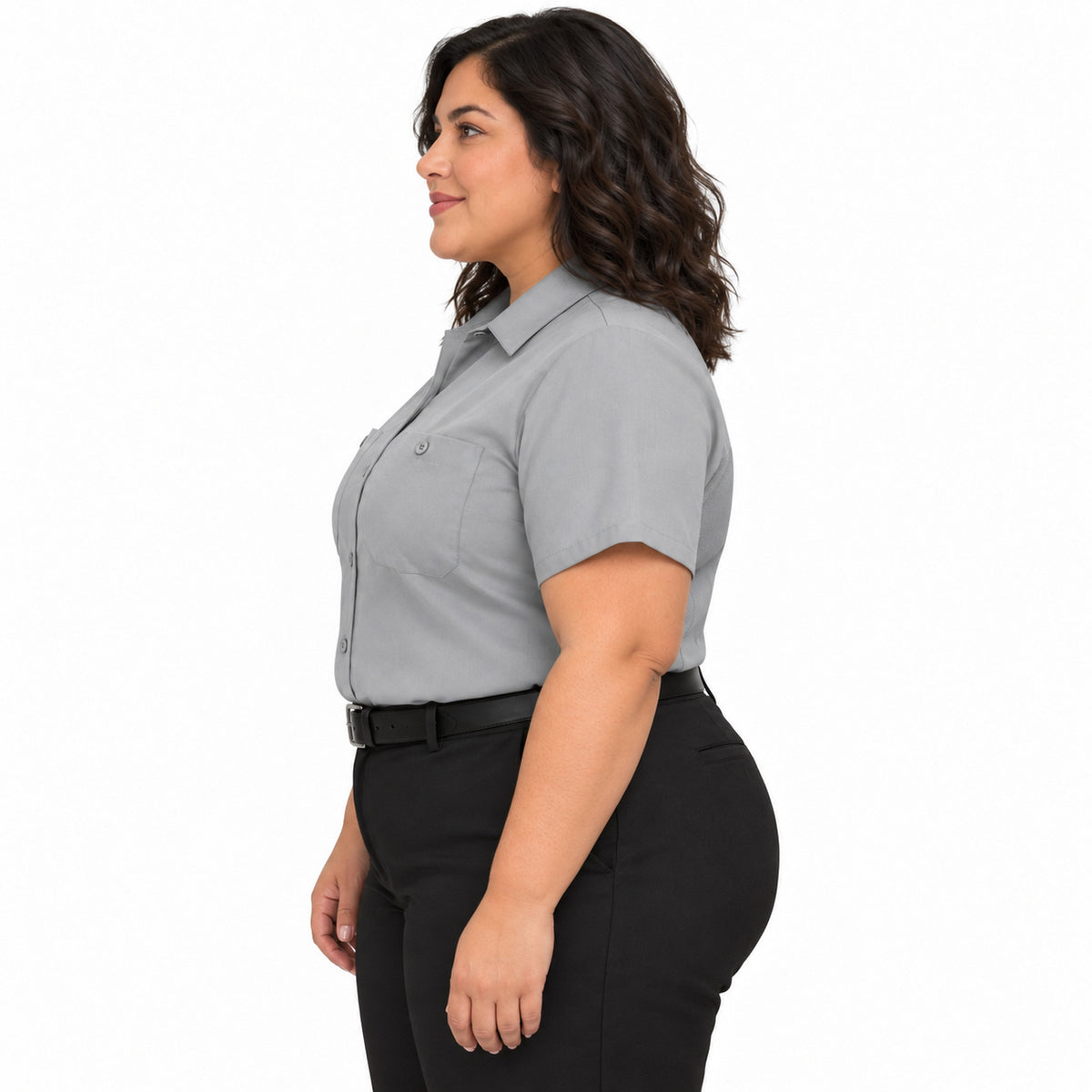 Blusa de trabajo Red Kap SX21 para mujer talla extra gris, de perfil izquierdo fajada | color:gris