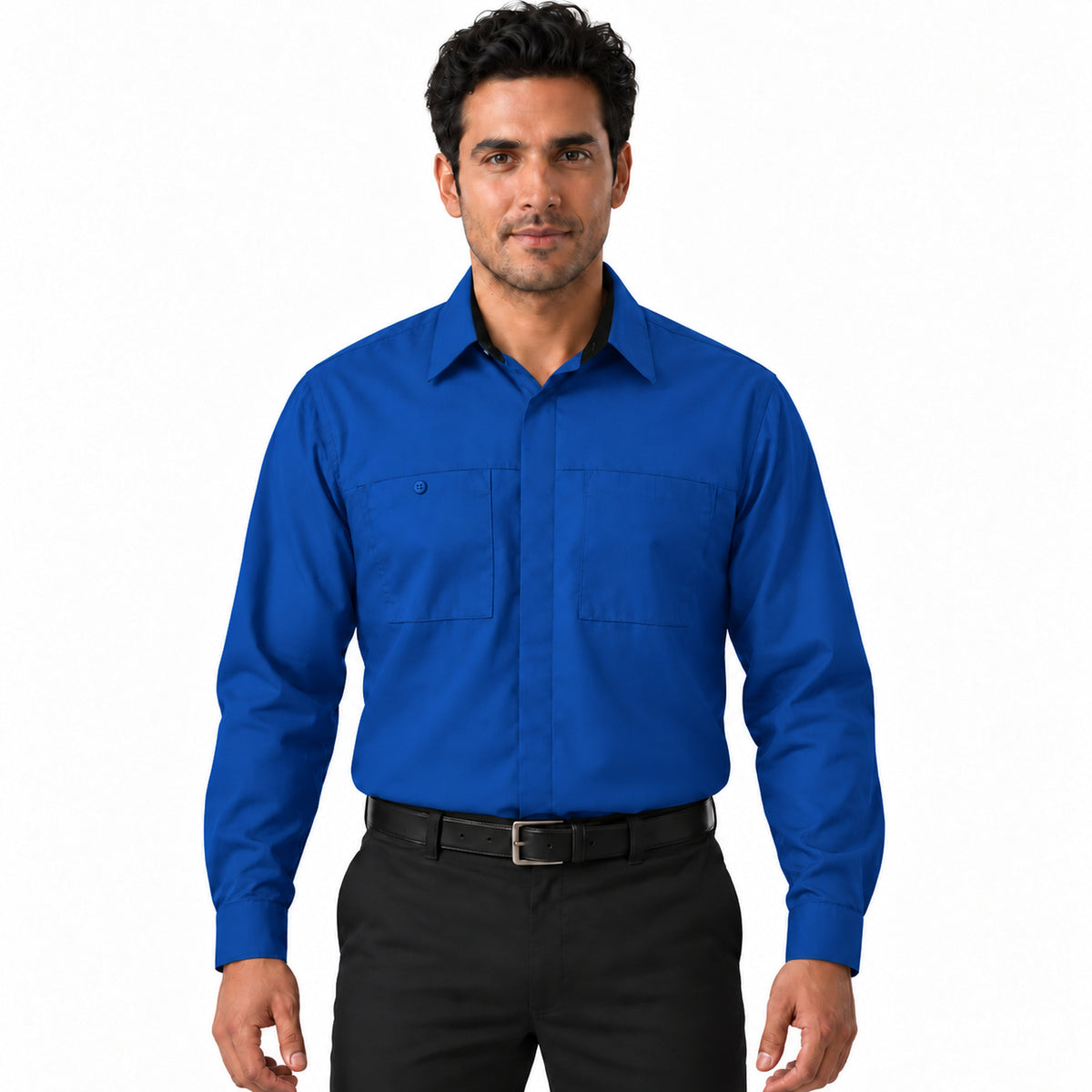 Camisa de trabajo Red Kap SY32 para hombre azul rey con negro, frontal fajada | color:azul-rey-con-negro