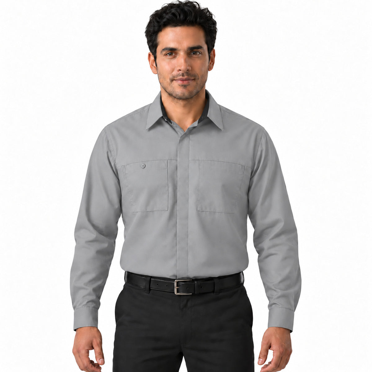 Camisa de trabajo Red Kap SY32 para hombre gris con gris oxford, frontal fajada | color:gris-con-gris-oxford