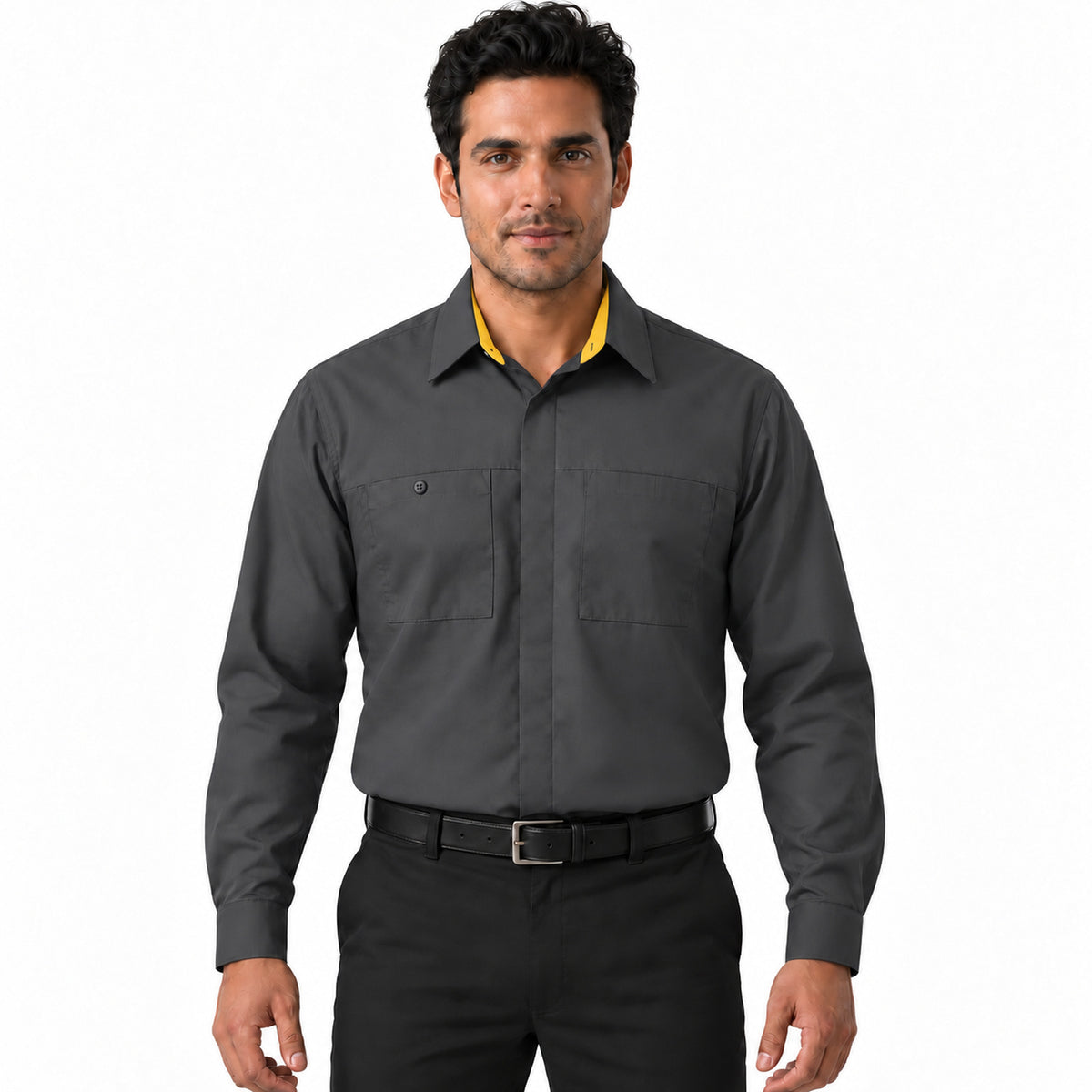 Camisa de trabajo Red Kap SY32 para hombre gris oxford con amarillo, frontal fajada | color:gris-oxford-con-amarillo