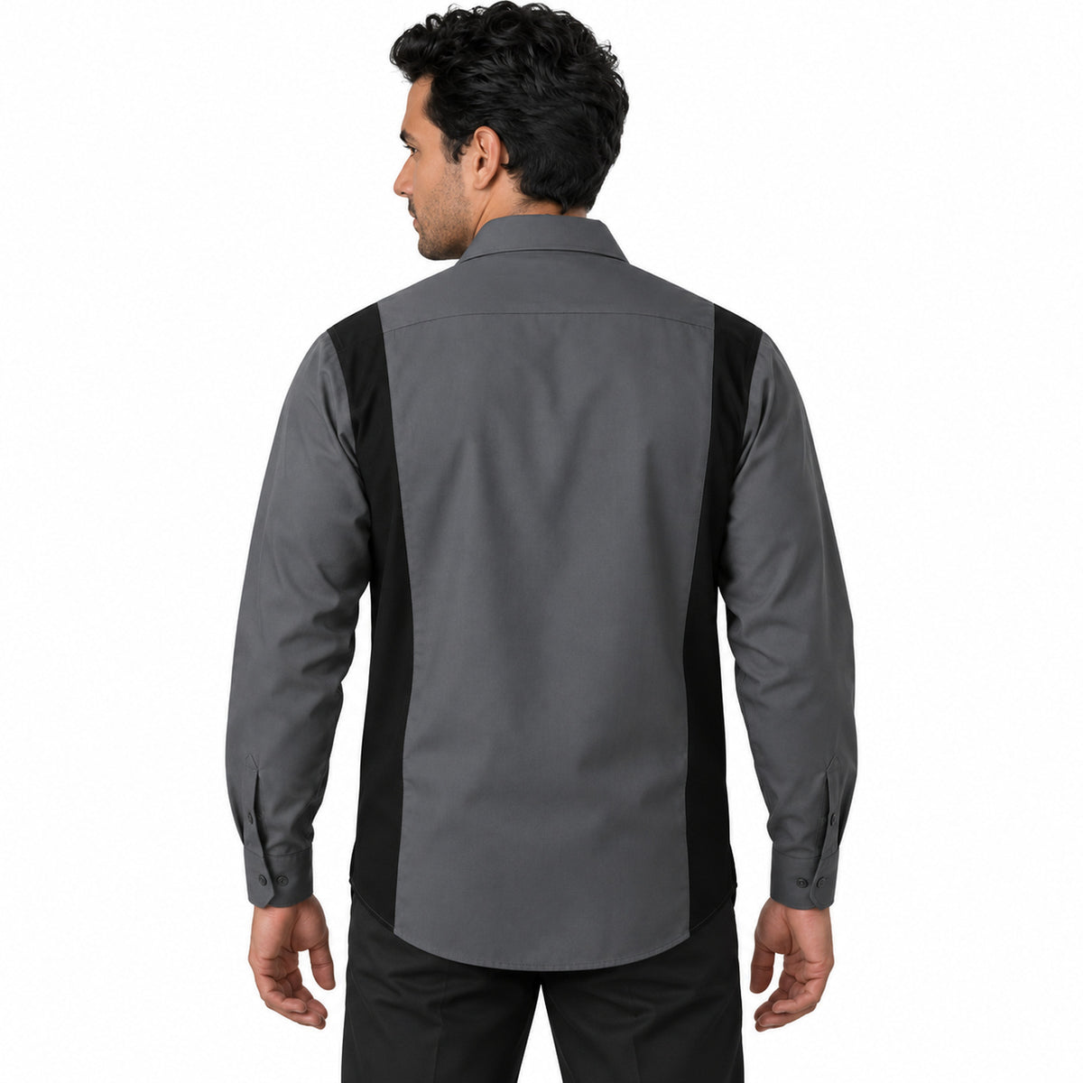Camisa de trabajo Red Kap SY32 para hombre gris oxford con negro, espalda desfajada | color:gris-oxford-con-negro