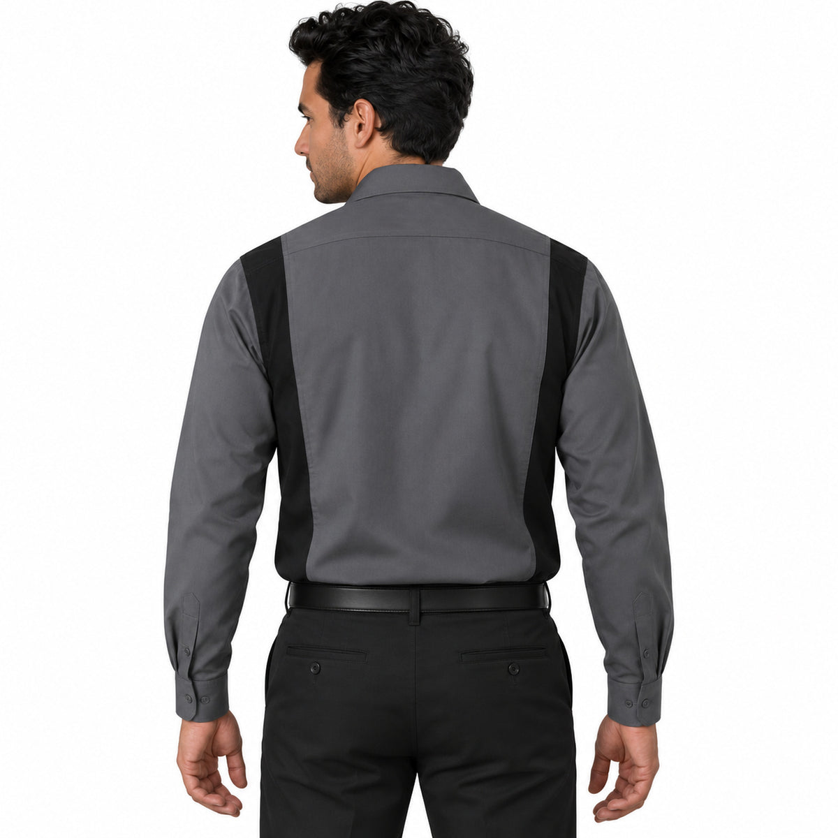 Camisa de trabajo Red Kap SY32 para hombre gris oxford con negro, espalda fajada | color:gris-oxford-con-negro