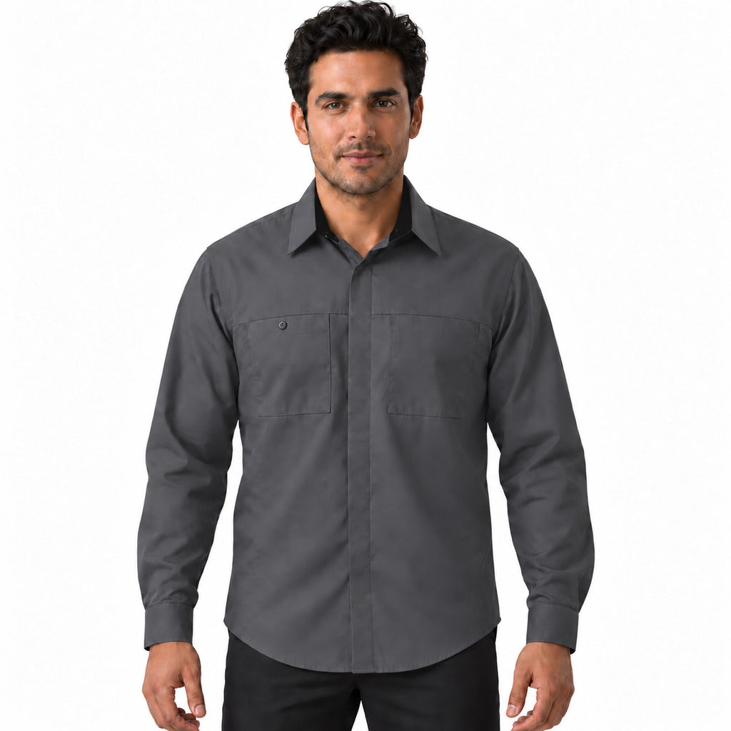 Camisa de trabajo Red Kap SY32 para hombre gris oxford con negro, frontal desfajada