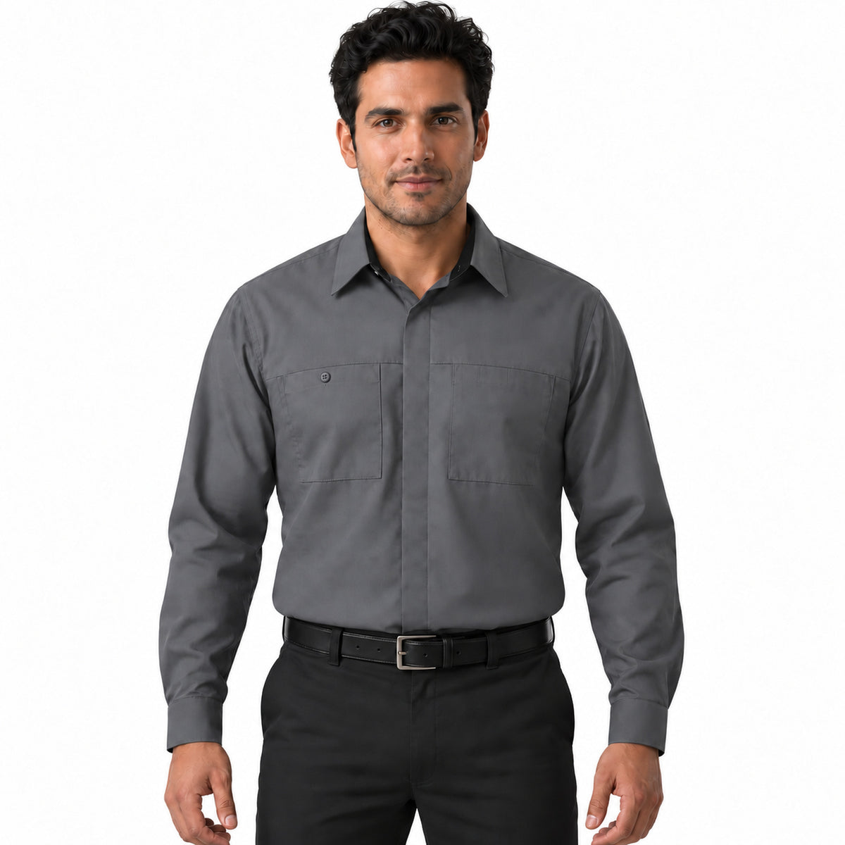 Camisa de trabajo Red Kap SY32 para hombre gris oxford con negro, frontal fajada | color:gris-oxford-con-negro