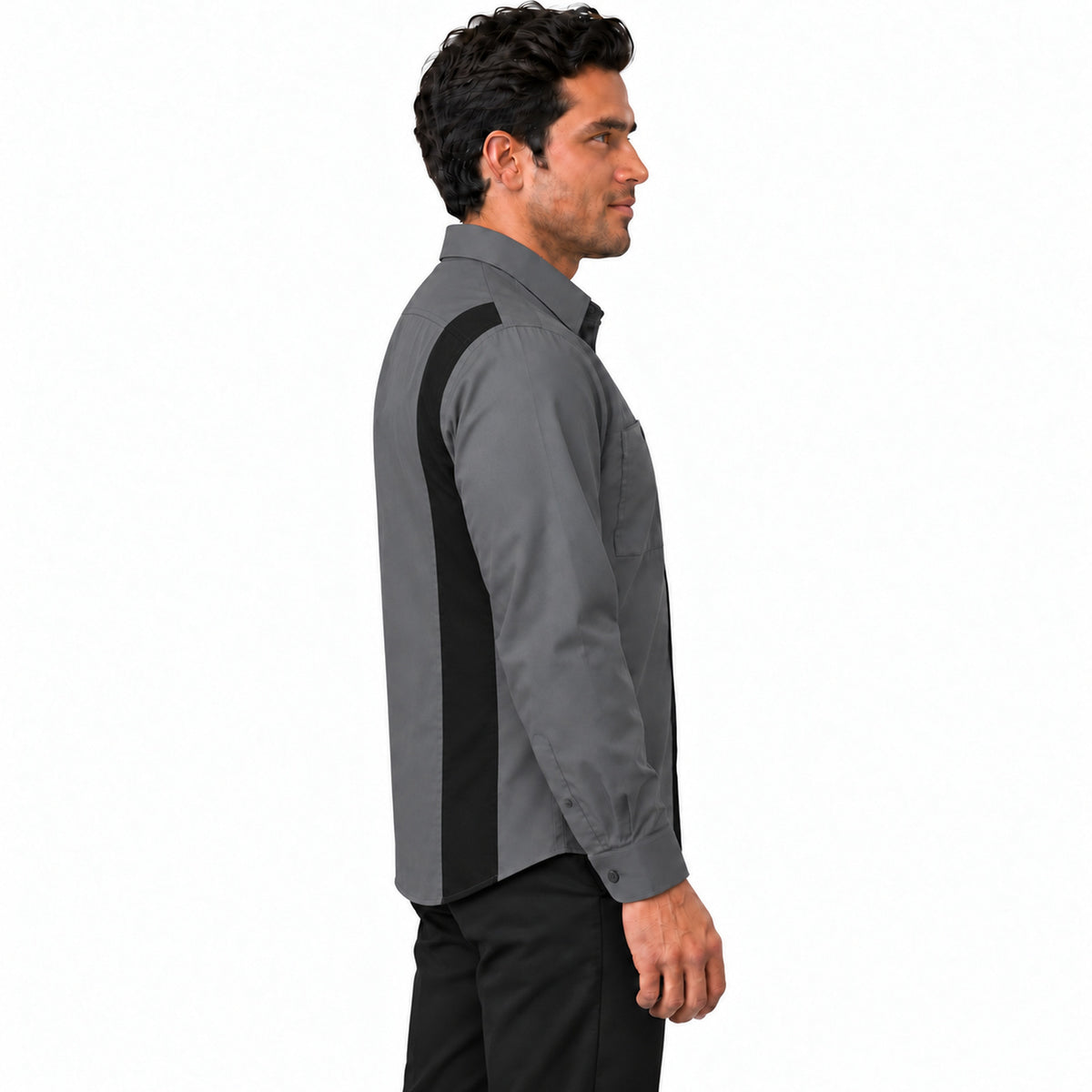 Camisa de trabajo Red Kap SY32 para hombre gris oxford con negro, perfil derecho desfajada | color:gris-oxford-con-negro