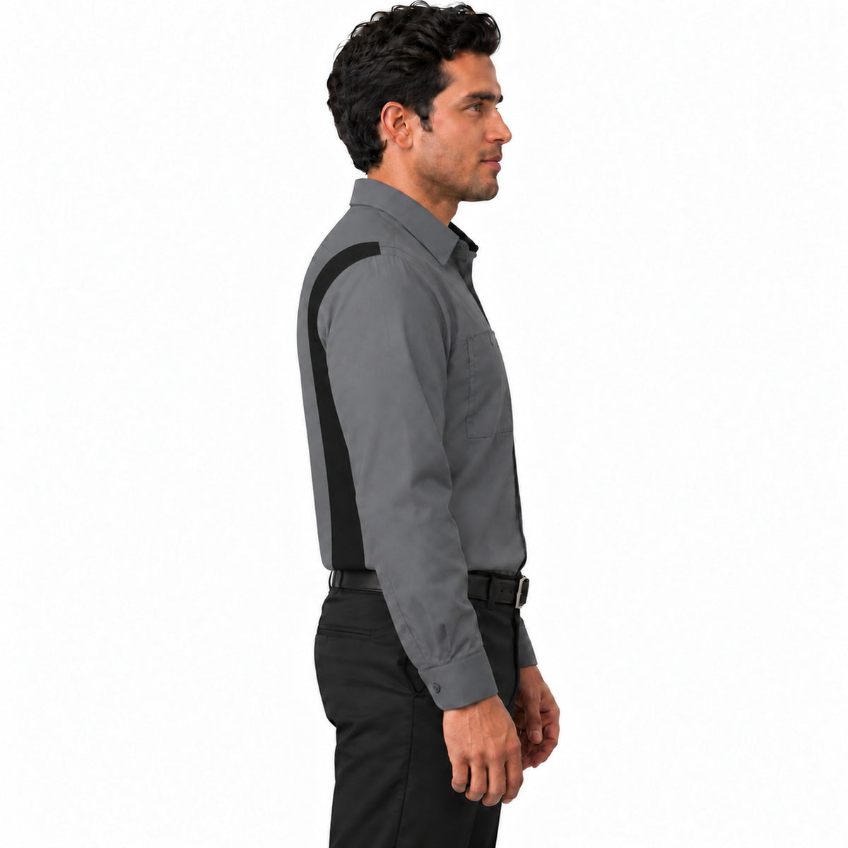 Camisa de trabajo Red Kap SY32 para hombre gris oxford con negro, perfil derecho fajada | color:gris-oxford-con-negro