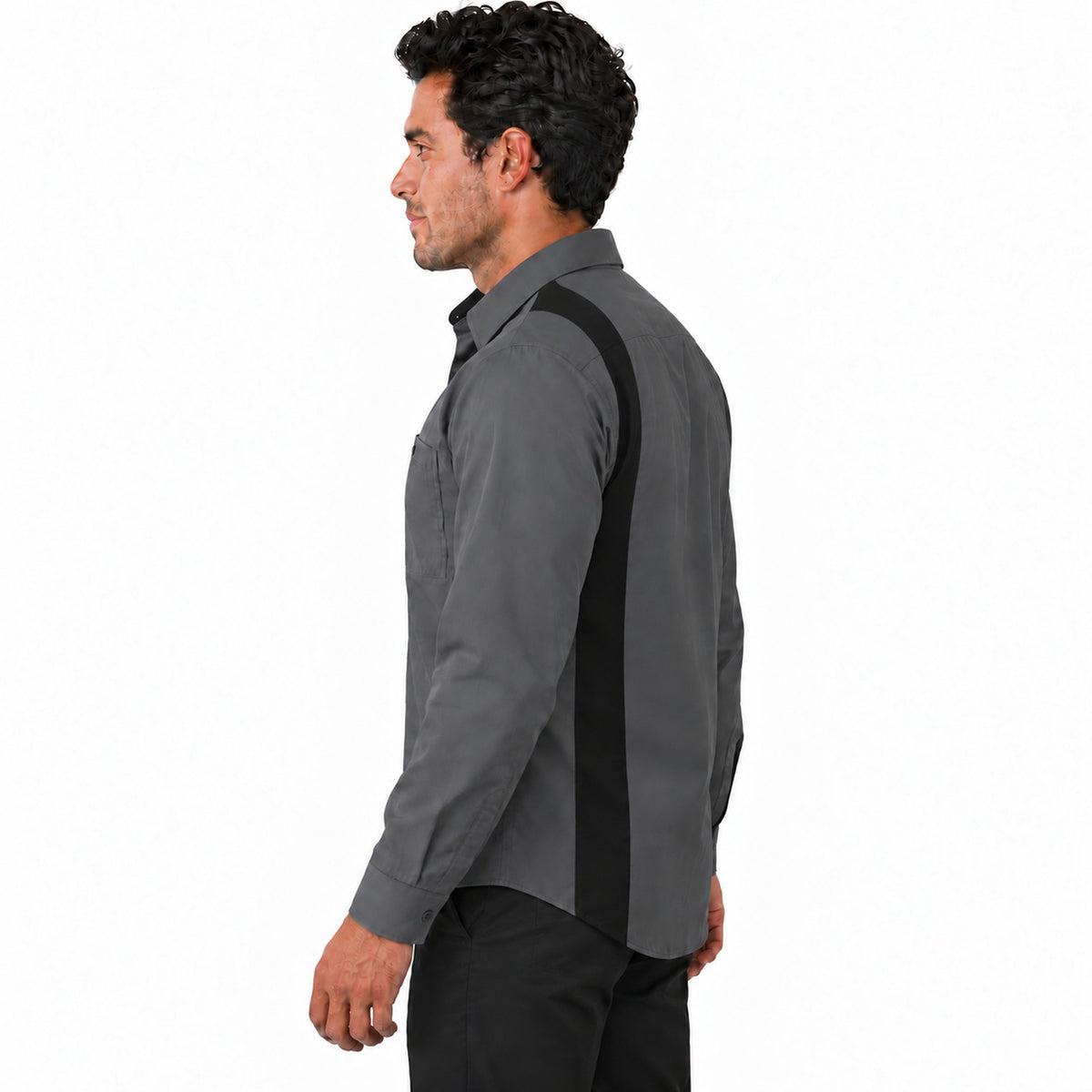 Camisa de trabajo Red Kap SY32 para hombre gris oxford con negro, perfil izquierdo desfajada | color:gris-oxford-con-negro