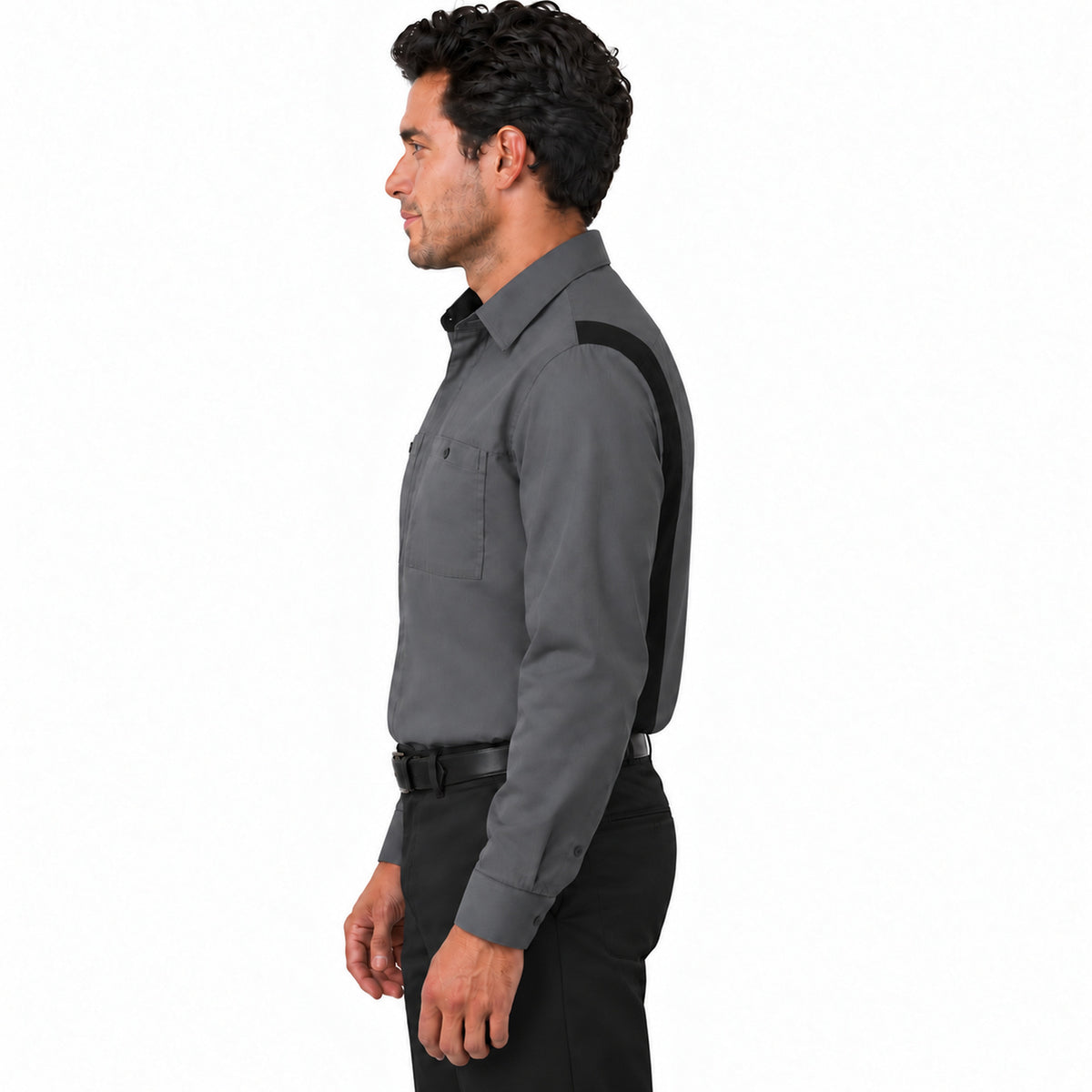 Camisa de trabajo Red Kap SY32 para hombre gris oxford con negro, perfil izquierdo fajada | color:gris-oxford-con-negro