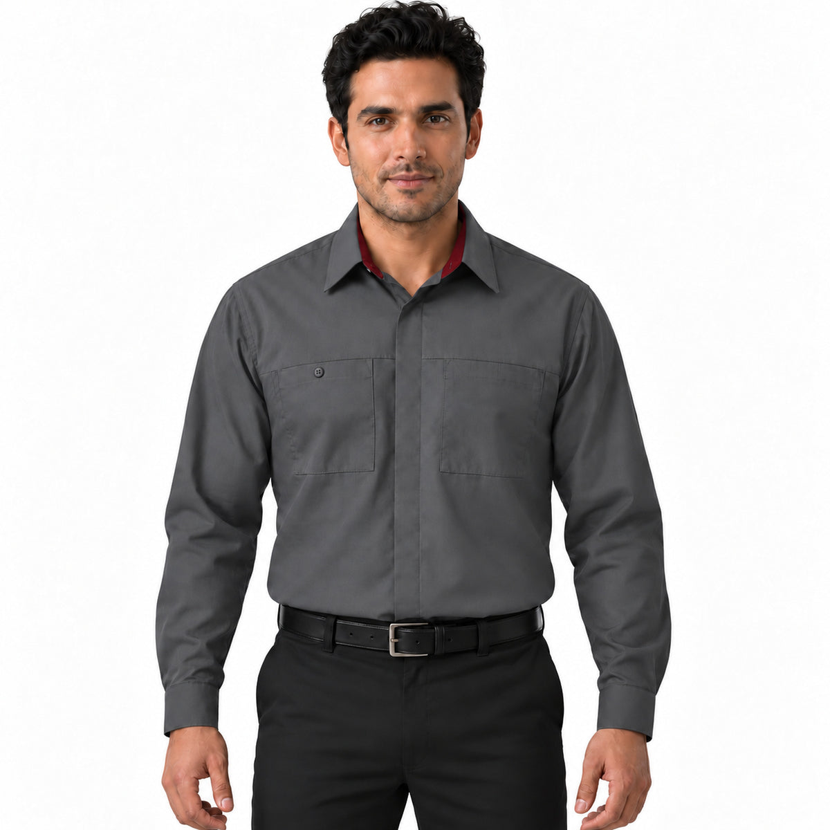 Camisa de trabajo Red Kap SY32 para hombre gris oxford con rojo, frontal fajada | color:gris-oxford-con-rojo