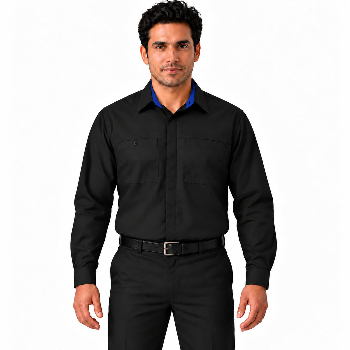 Camisa de trabajo Red Kap SY32 para hombre negra con azul rey, frontal fajada | color:negra-con-azul-rey