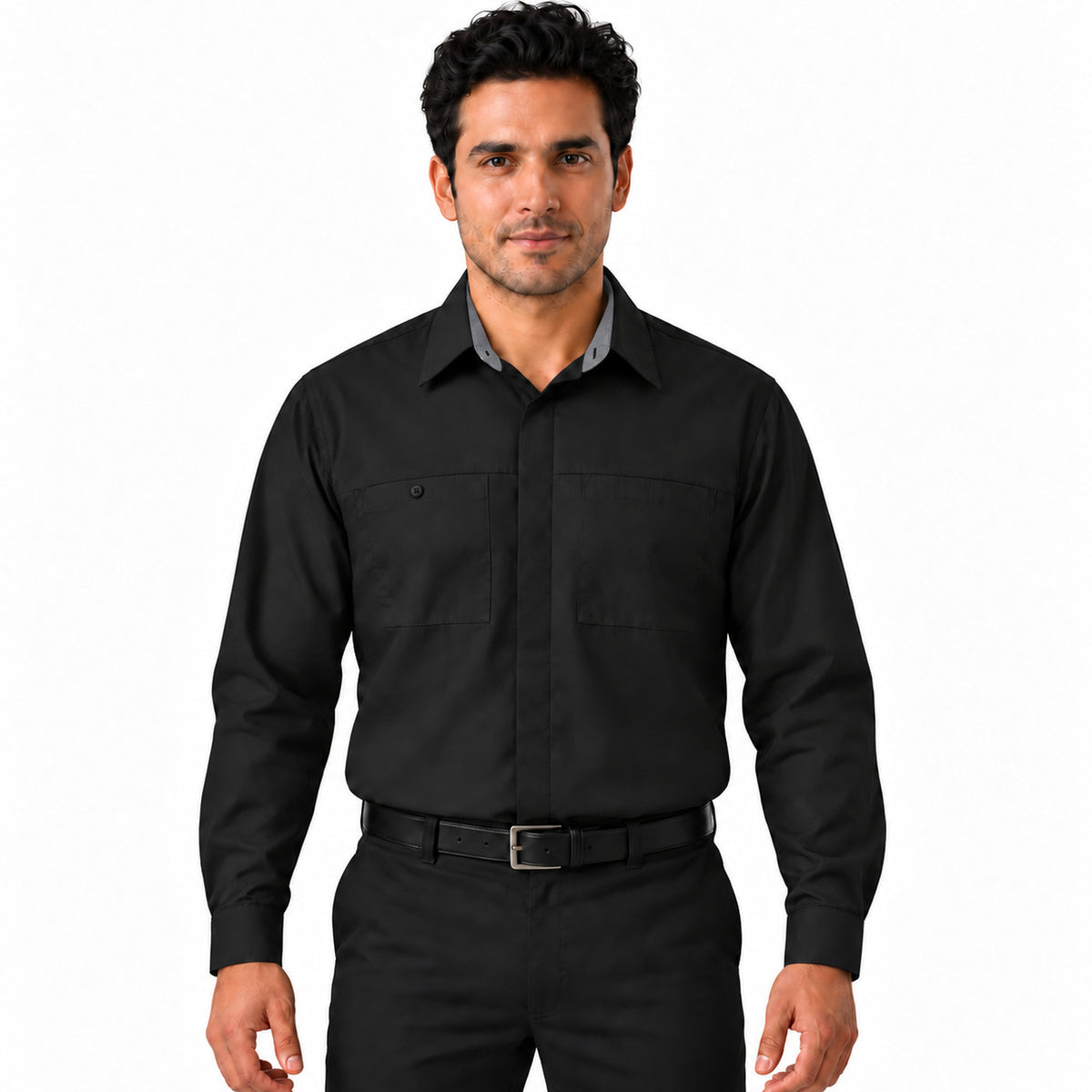 Camisa de trabajo Red Kap SY32 para hombre negra con gris, frontal fajada | color:negra-con-gris