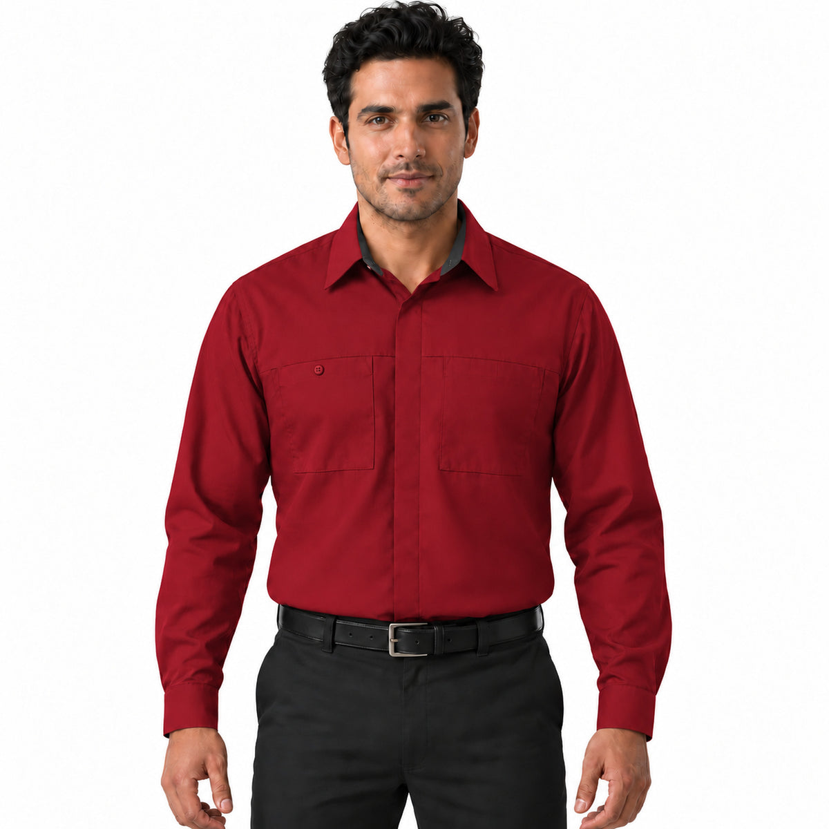 Camisa de trabajo Red Kap SY32 para hombre roja con gris oxford, frontal fajada | color:roja-con-gris-oxford