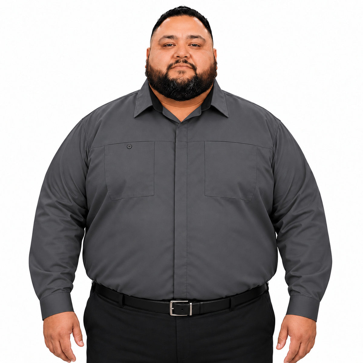 Camisa Red Kap SY32 talla extra gris Oxford con negro, frente fajada en modelo de talla grande | color:cb-gris-oxford-con-negro