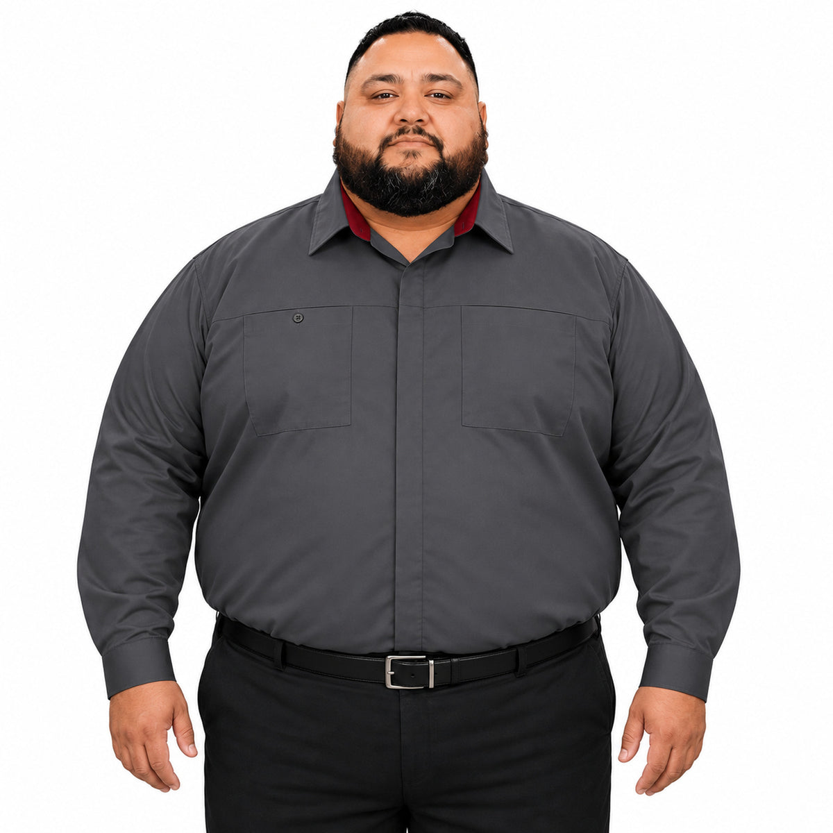 Camisa Red Kap SY32 talla extra gris Oxford con rojo, frente fajada en modelo de talla grande | color:cf-gris-oxford-con-rojo
