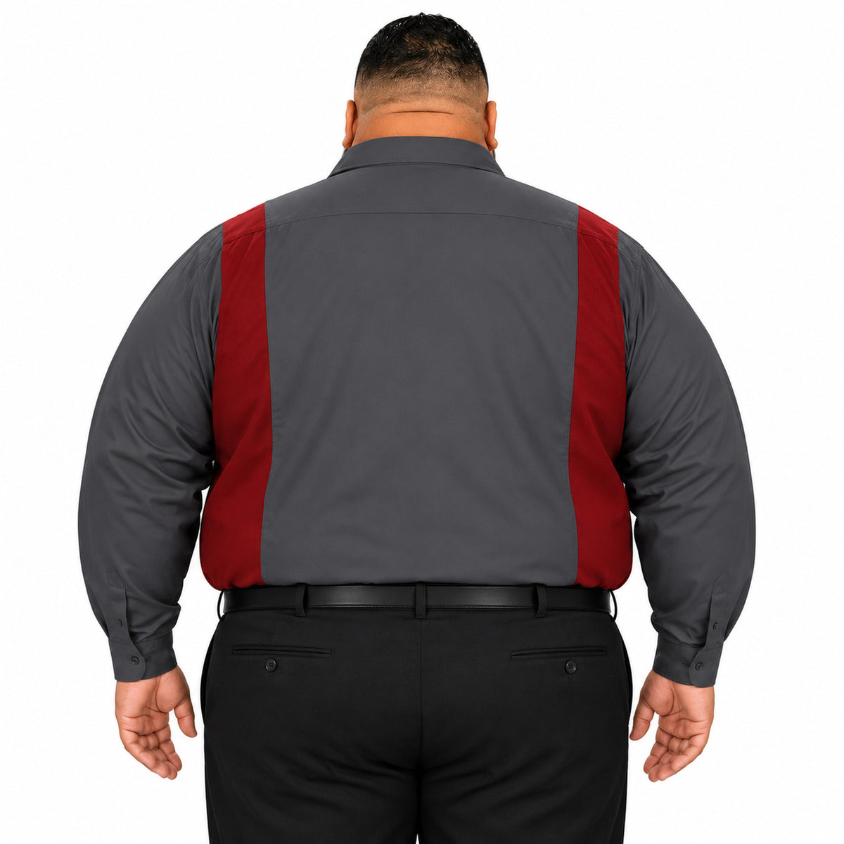 Camisa Red Kap SY32 talla extra gris Oxford con rojo, espalda fajada en modelo de talla grande | color:cf-gris-oxford-con-rojo