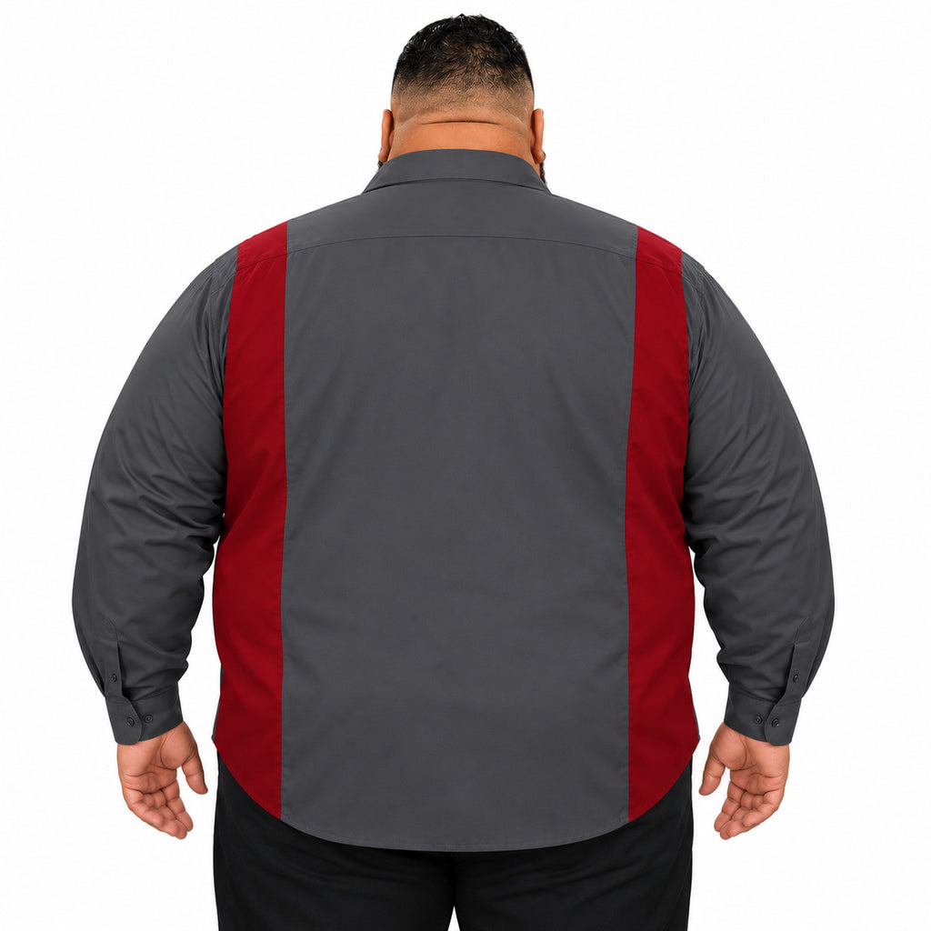Camisa Red Kap SY32 talla extra gris Oxford con rojo, espalda desfajada en modelo de talla grande