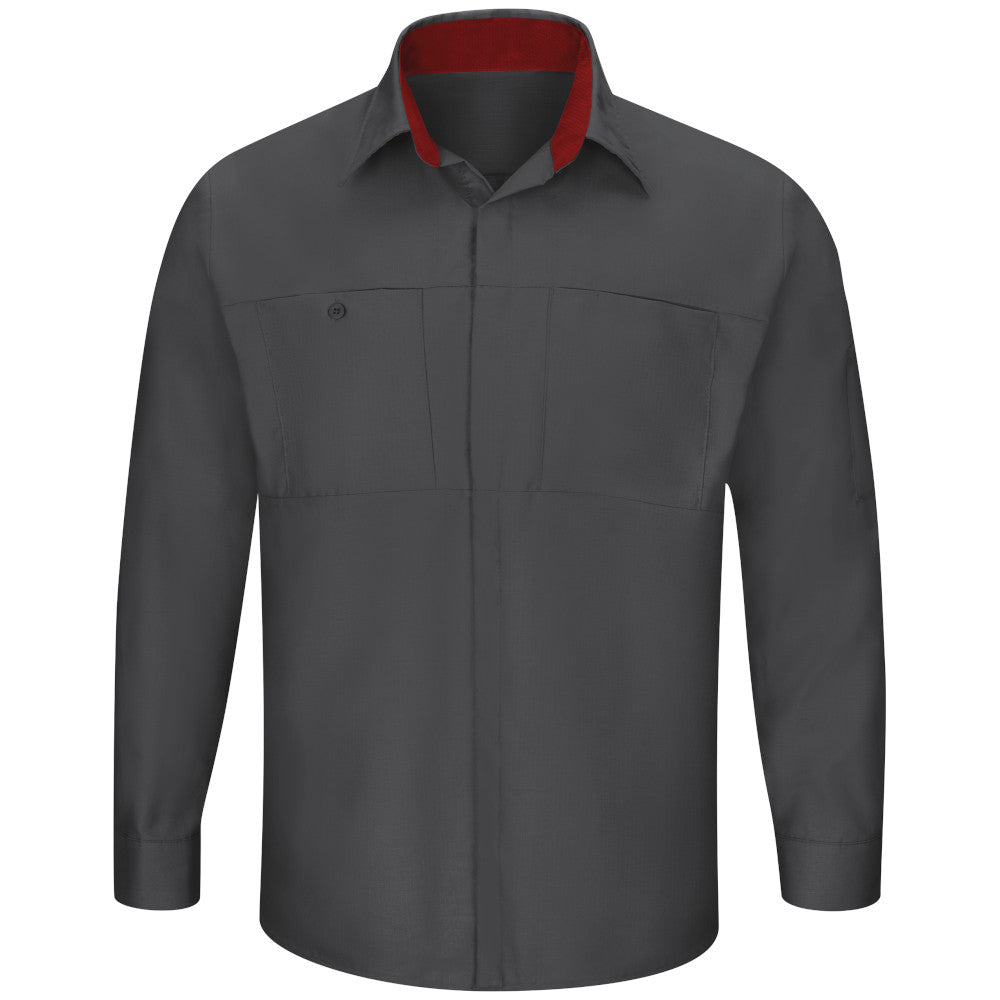 Camisa Red Kap SY32 talla extra gris Oxford con rojo, prenda sola vista frontal