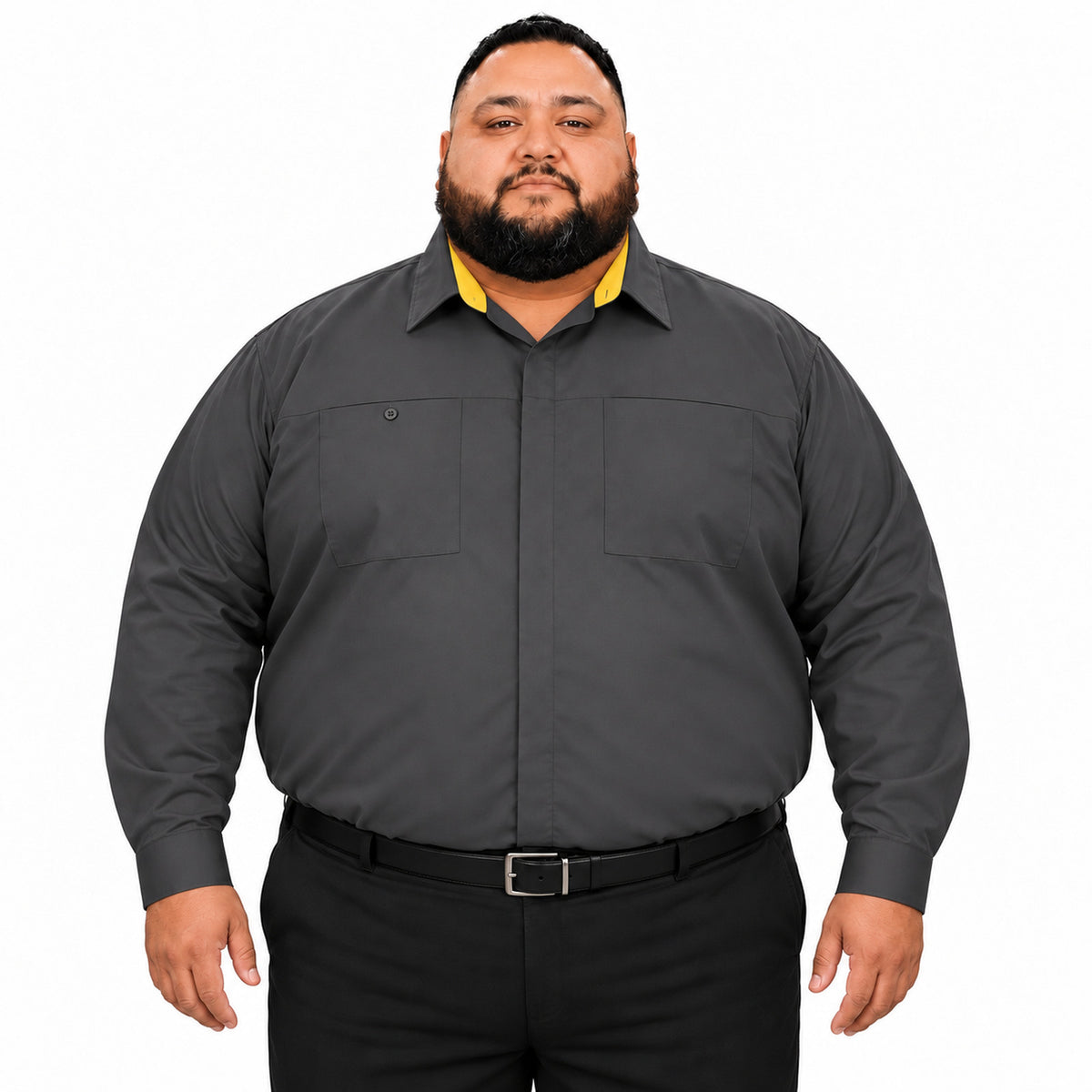 Camisa Red Kap SY32 talla extra gris Oxford con amarillo, frente fajada en modelo de talla grande | color:cy-gris-oxford-con-amarillo