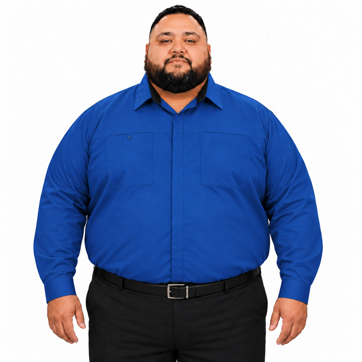 Camisa Red Kap SY32 talla extra azul rey con negro, frente fajada en modelo de talla grande | color:rb-azul-rey-con-negro