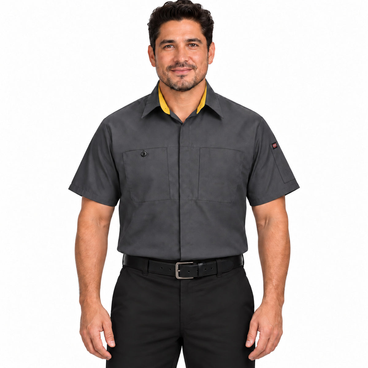 Camisa Red Kap SY42 para hombre Gris Oxford con Amarillo, frente fajada | color:gris-oxford-con-amarillo