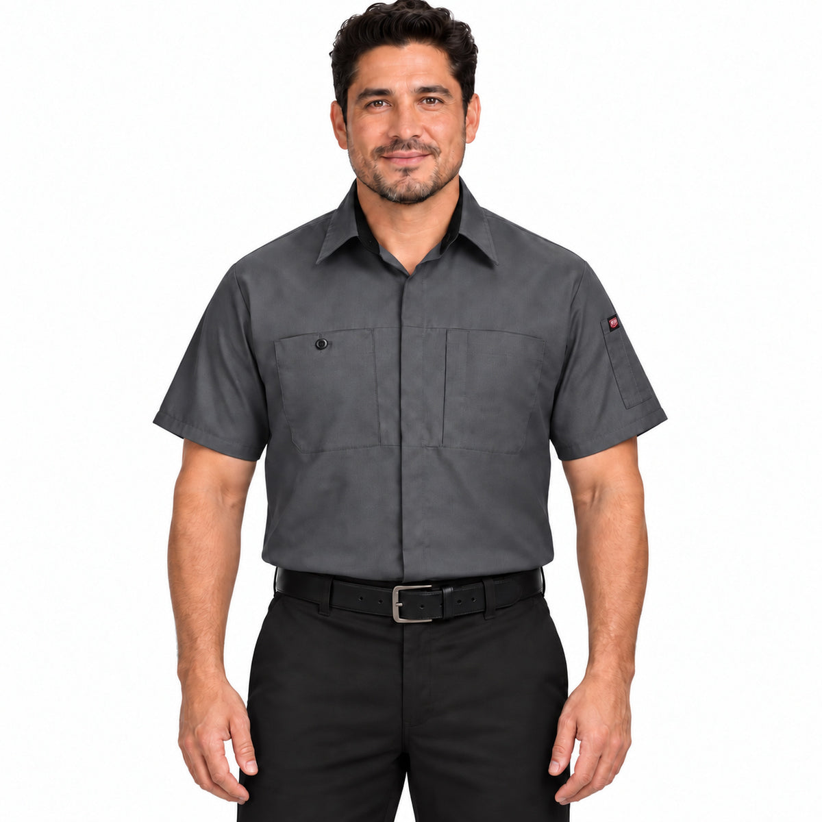 Camisa Red Kap SY42 para hombre Gris Oxford con Negro, frente fajada | color:gris-oxford-con-negro
