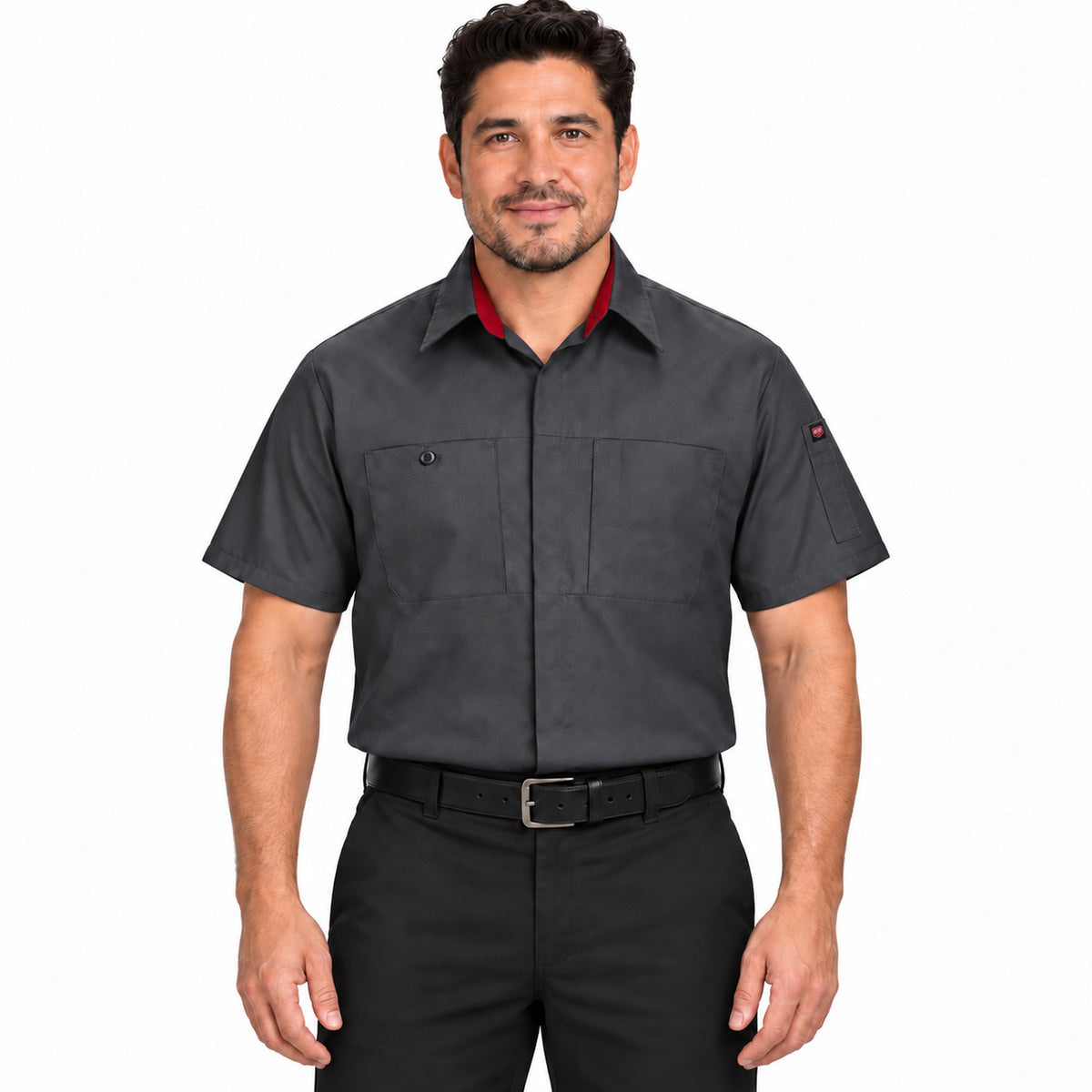 Camisa Red Kap SY42 para hombre Gris Oxford con Rojo, frente fajada | color:gris-oxford-con-rojo