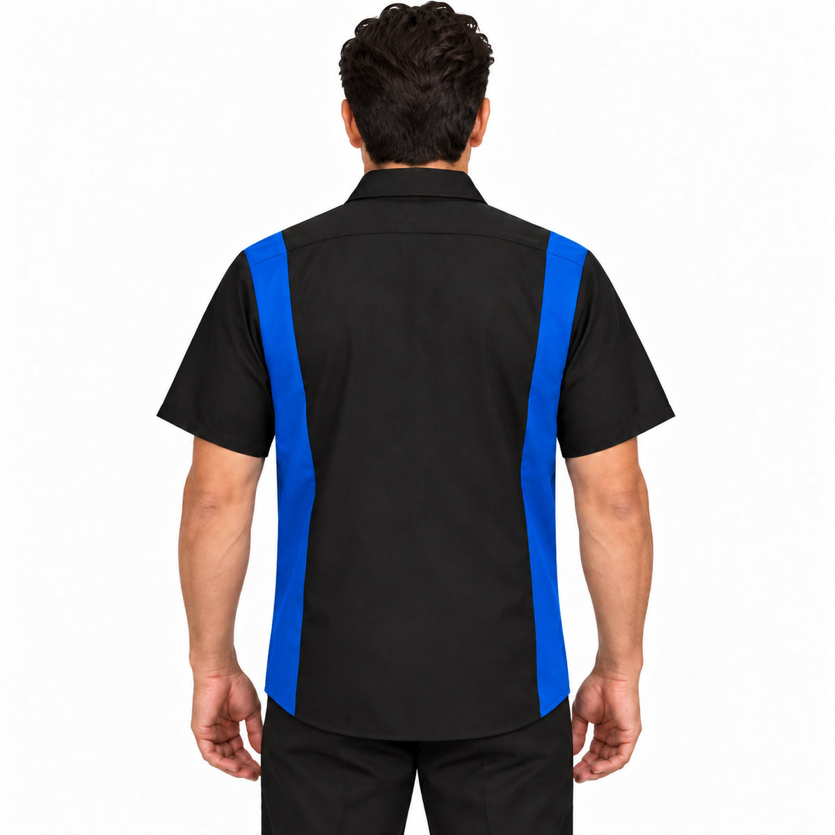 Camisa Red Kap SY42 para hombre Negra con Azul Rey, espalda desfajada | color:negra-con-azul-rey