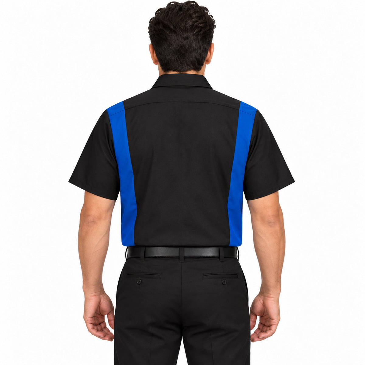 Camisa Red Kap SY42 para hombre Negra con Azul Rey, espalda fajada | color:negra-con-azul-rey