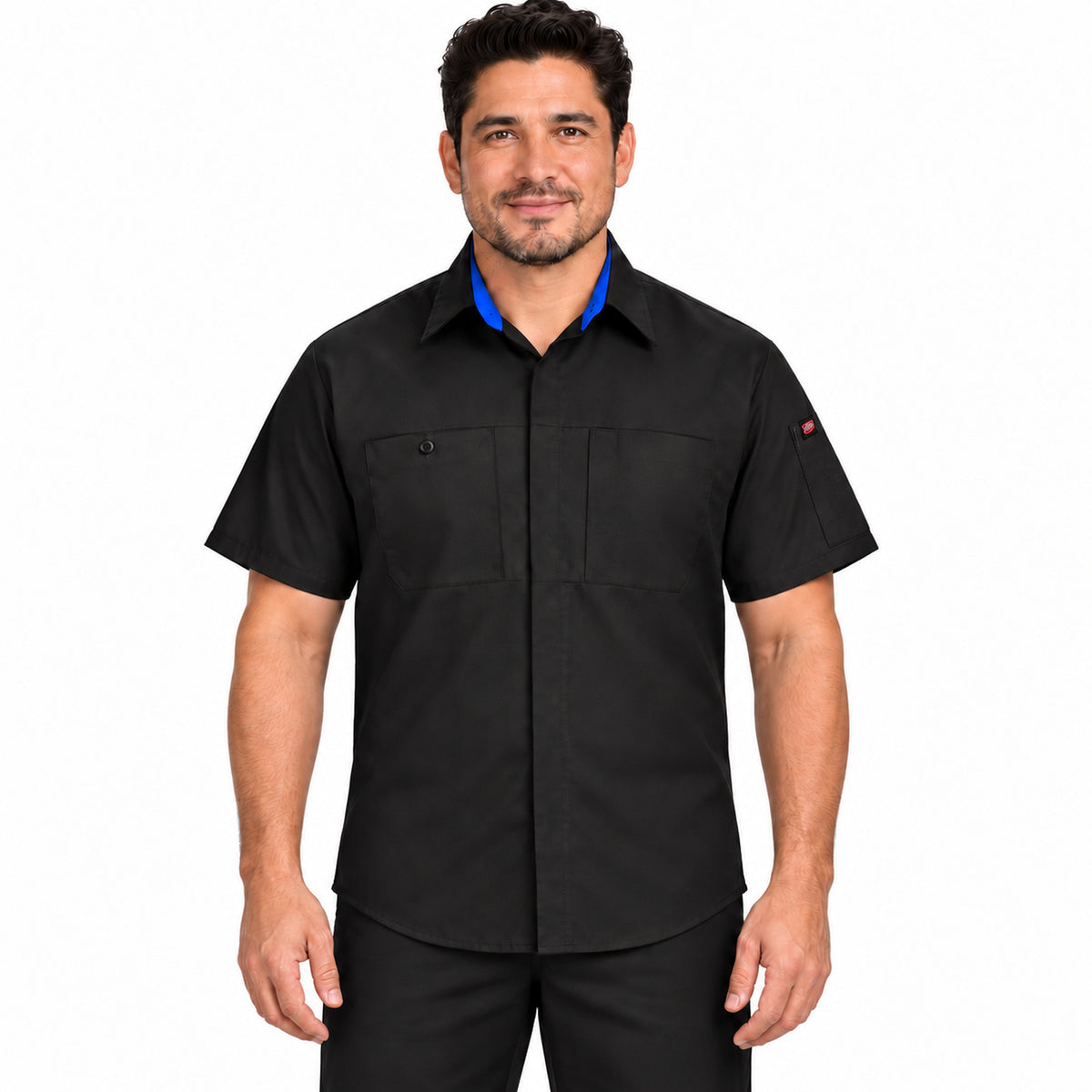 Camisa Red Kap SY42 para hombre Negra con Azul Rey, frente desfajada | color:negra-con-azul-rey