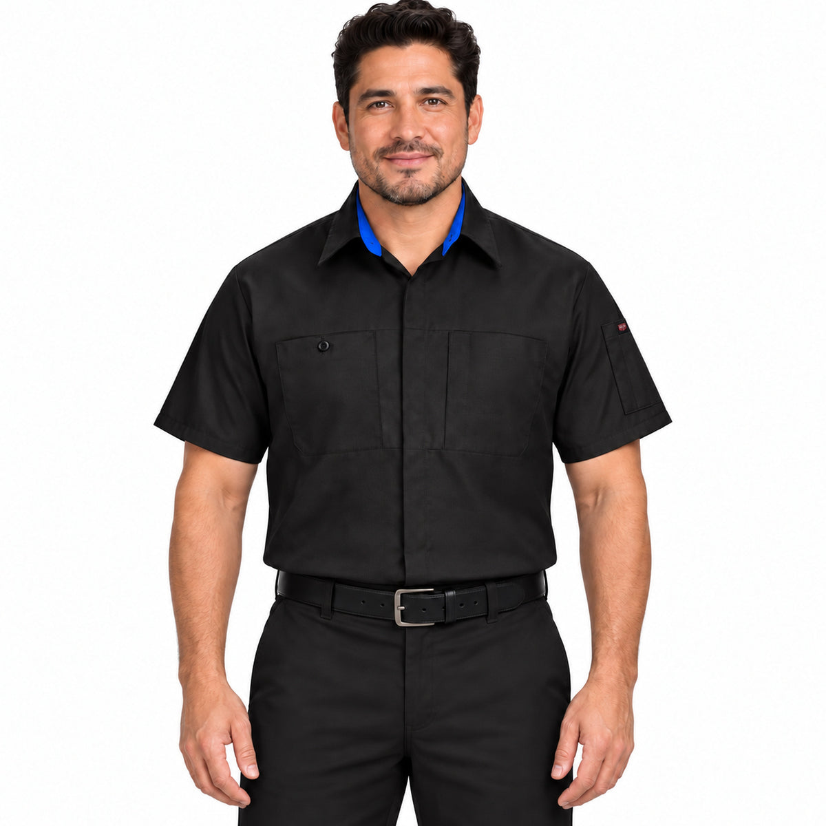 Camisa Red Kap SY42 para hombre Negra con Azul Rey, frente fajada | color:negra-con-azul-rey