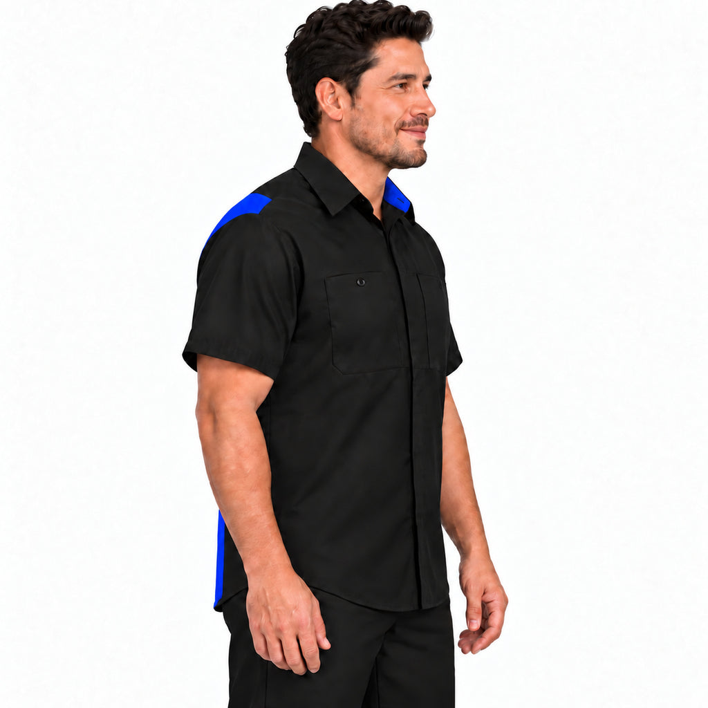 Camisa Red Kap SY42 para hombre Negra con Azul Rey, perfil derecho desfajada