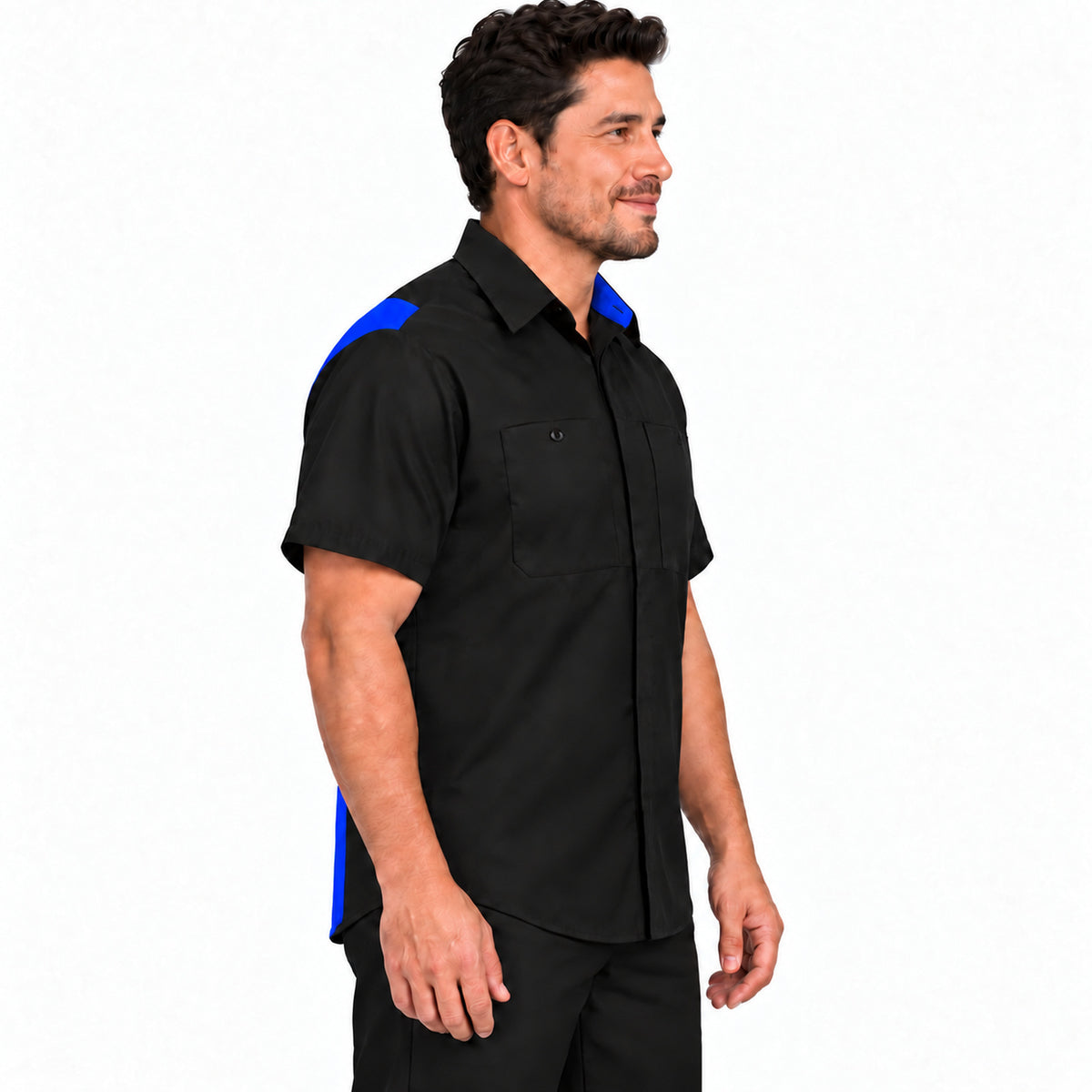 Camisa Red Kap SY42 para hombre Negra con Azul Rey, perfil derecho desfajada | color:negra-con-azul-rey